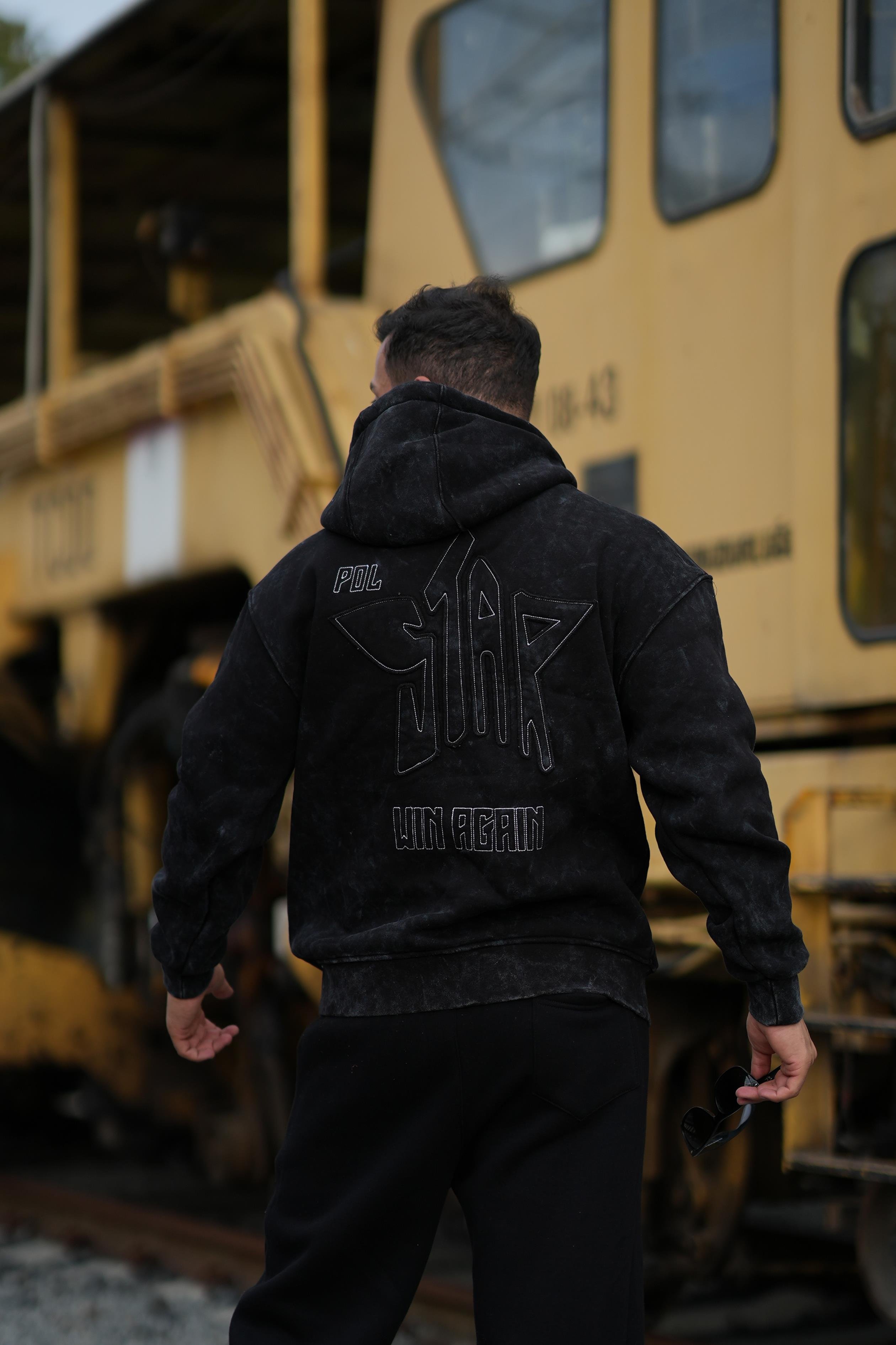 SweatSiyah 3 İplik Oversize Polstar Baskılı Kapşonlu Sweatshirt PLZ