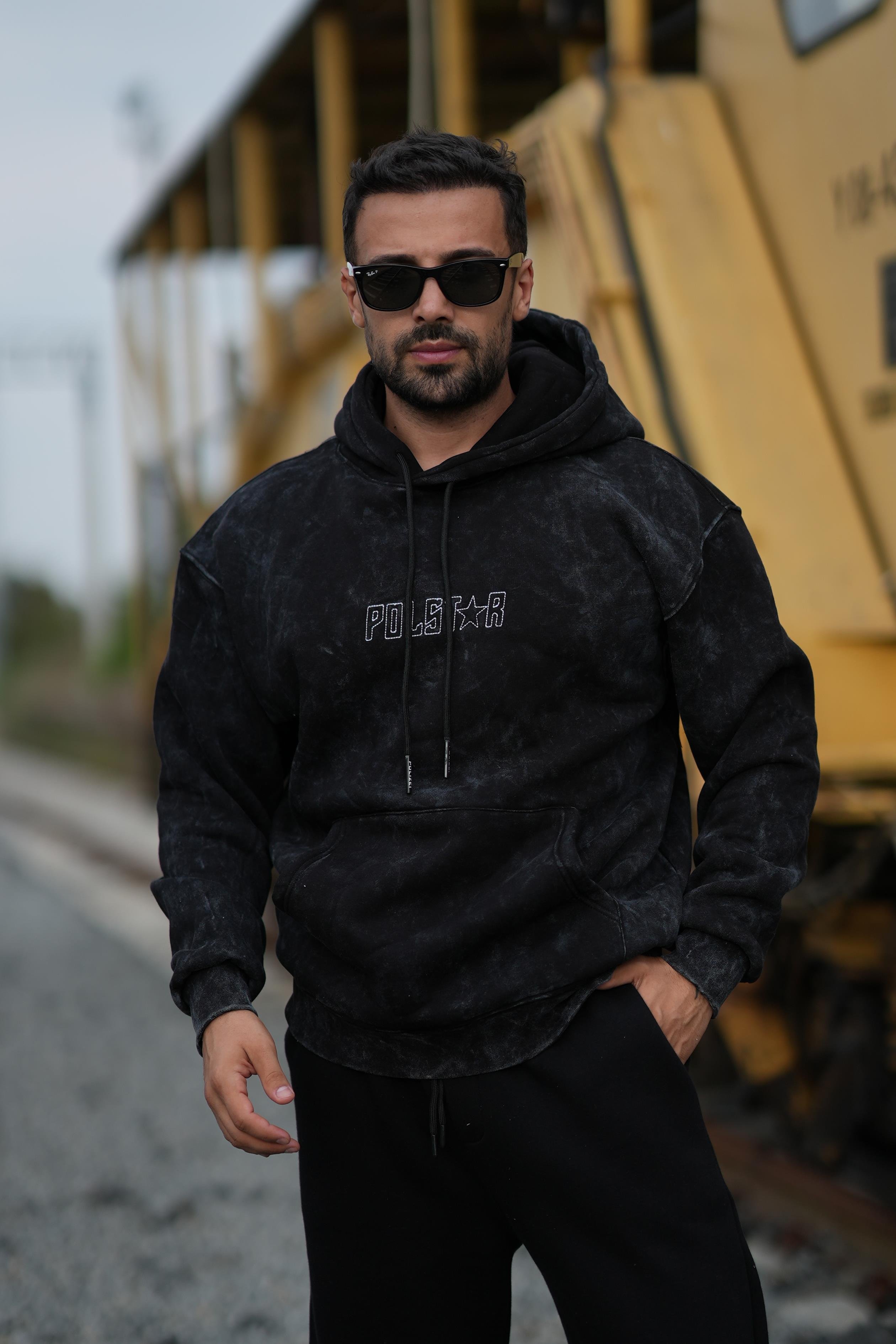SweatSiyah 3 İplik Oversize Polstar Baskılı Kapşonlu Sweatshirt PLZ