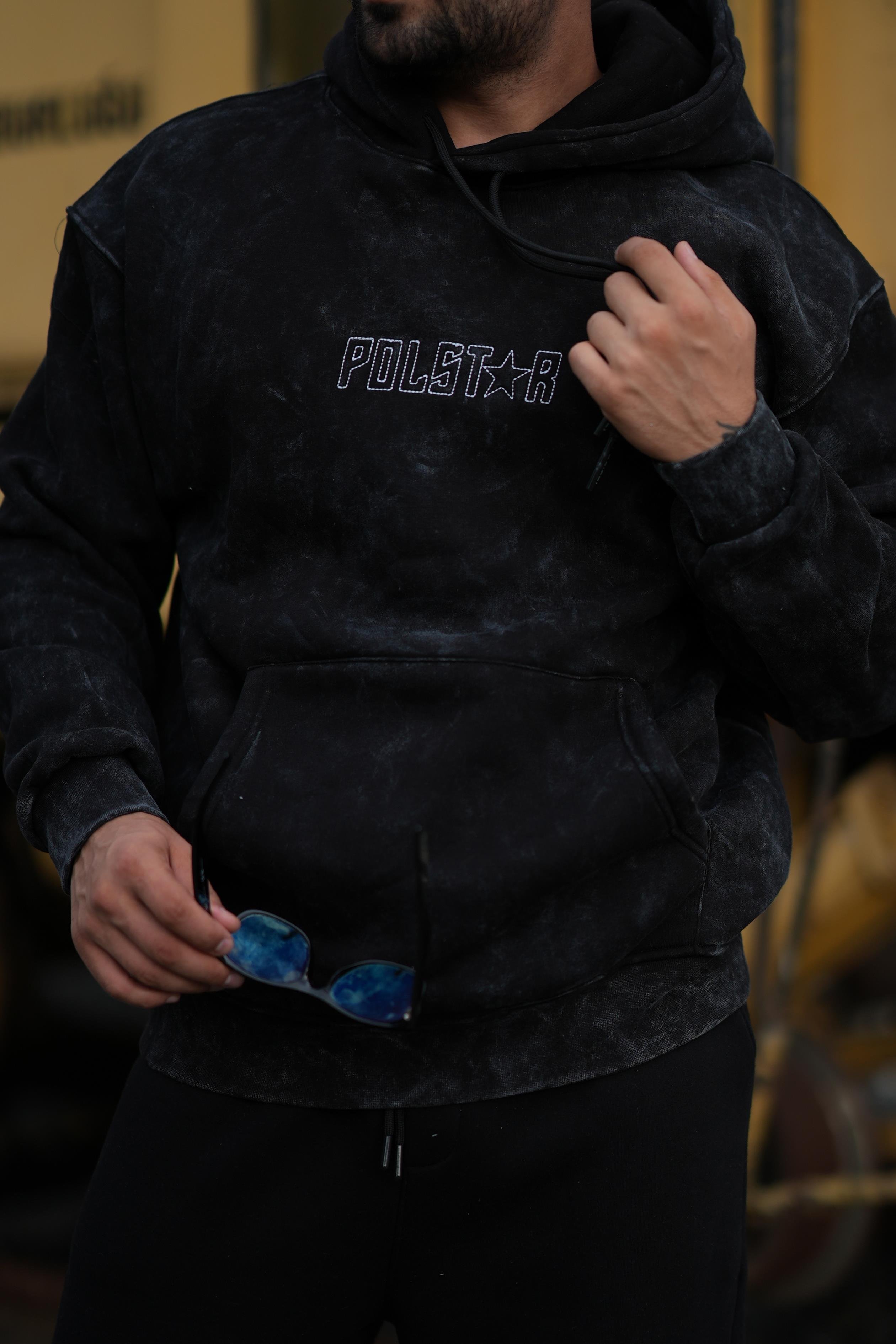 SweatSiyah 3 İplik Oversize Polstar Baskılı Kapşonlu Sweatshirt PLZ