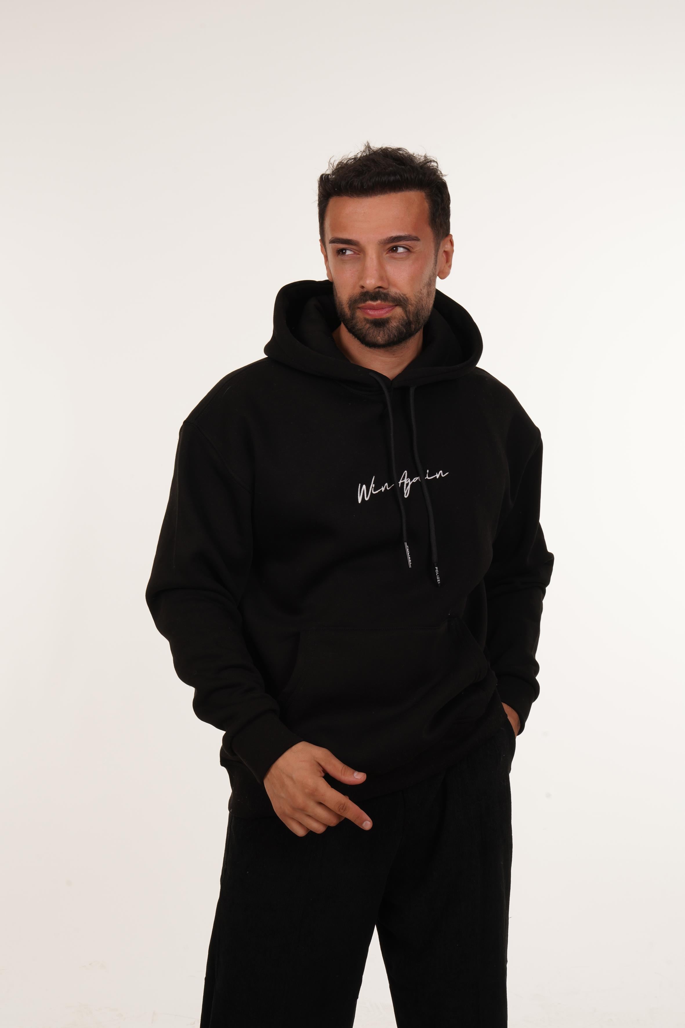 SweatSiyah 3 İplik Oversize Winagain Yazılı Kapşonlu Sweatshirt PLZ
