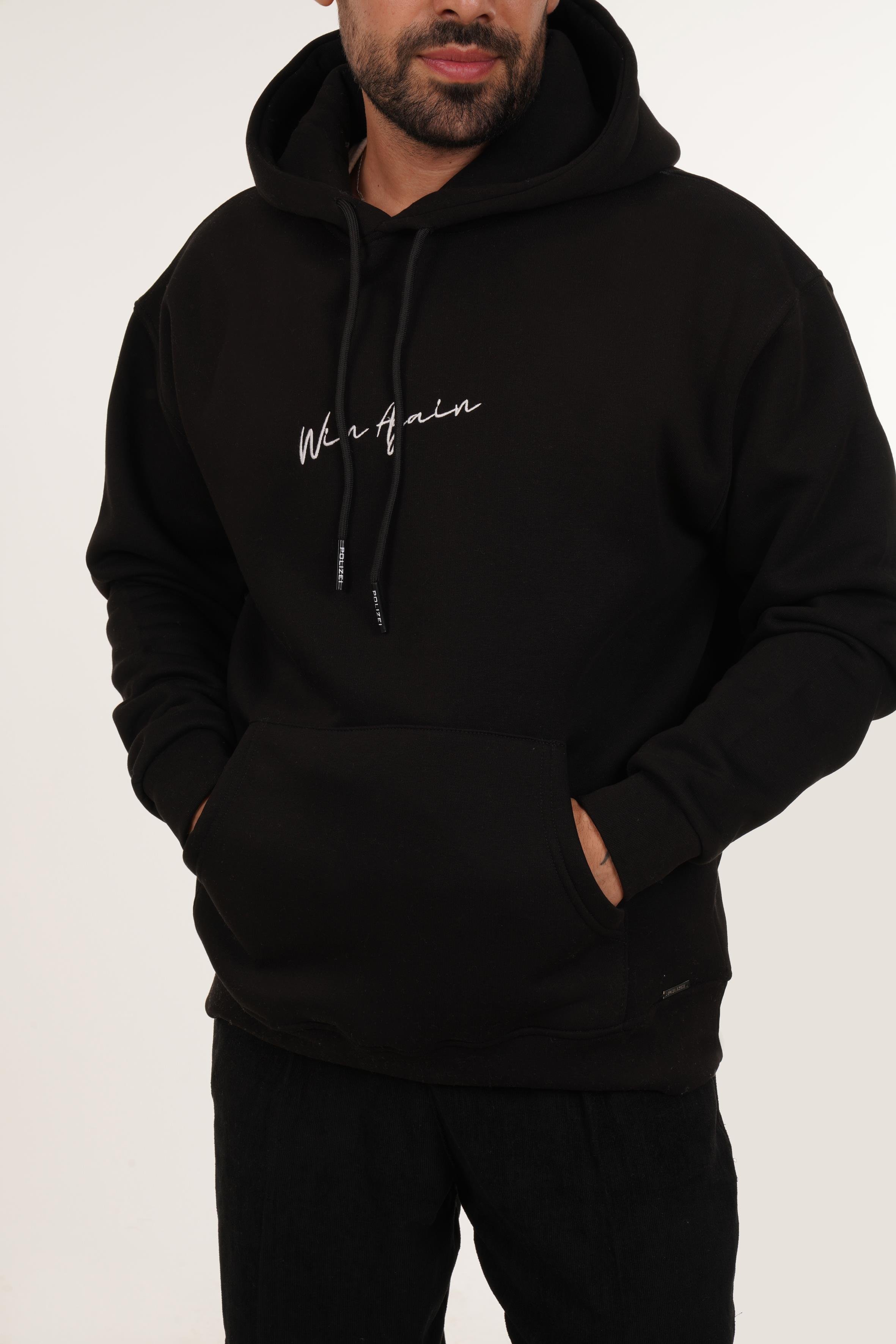 SweatSiyah 3 İplik Oversize Winagain Yazılı Kapşonlu Sweatshirt PLZ