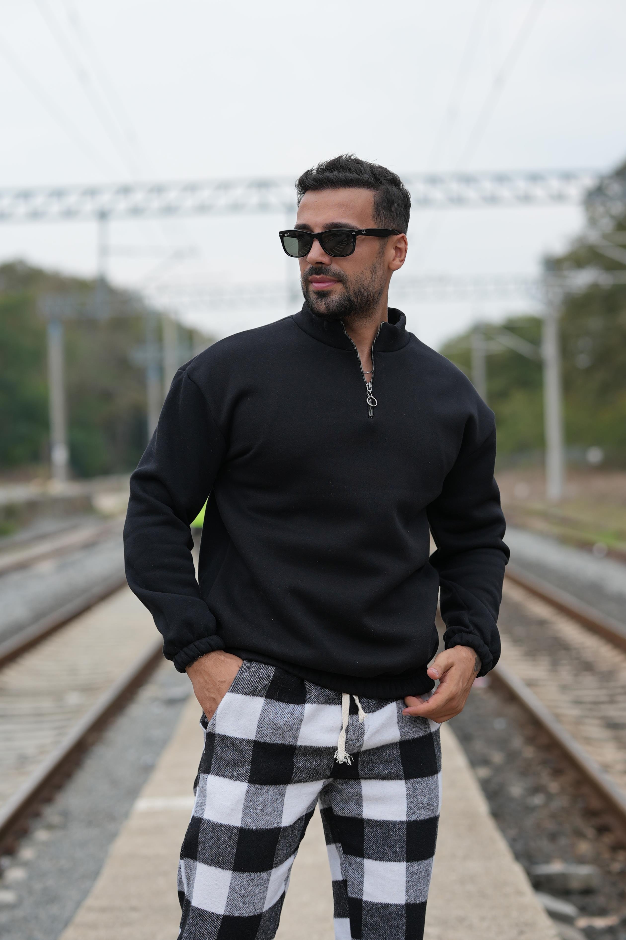 SweatSİYAH 3 iplik yarım fermuarlı sweatshirt SC