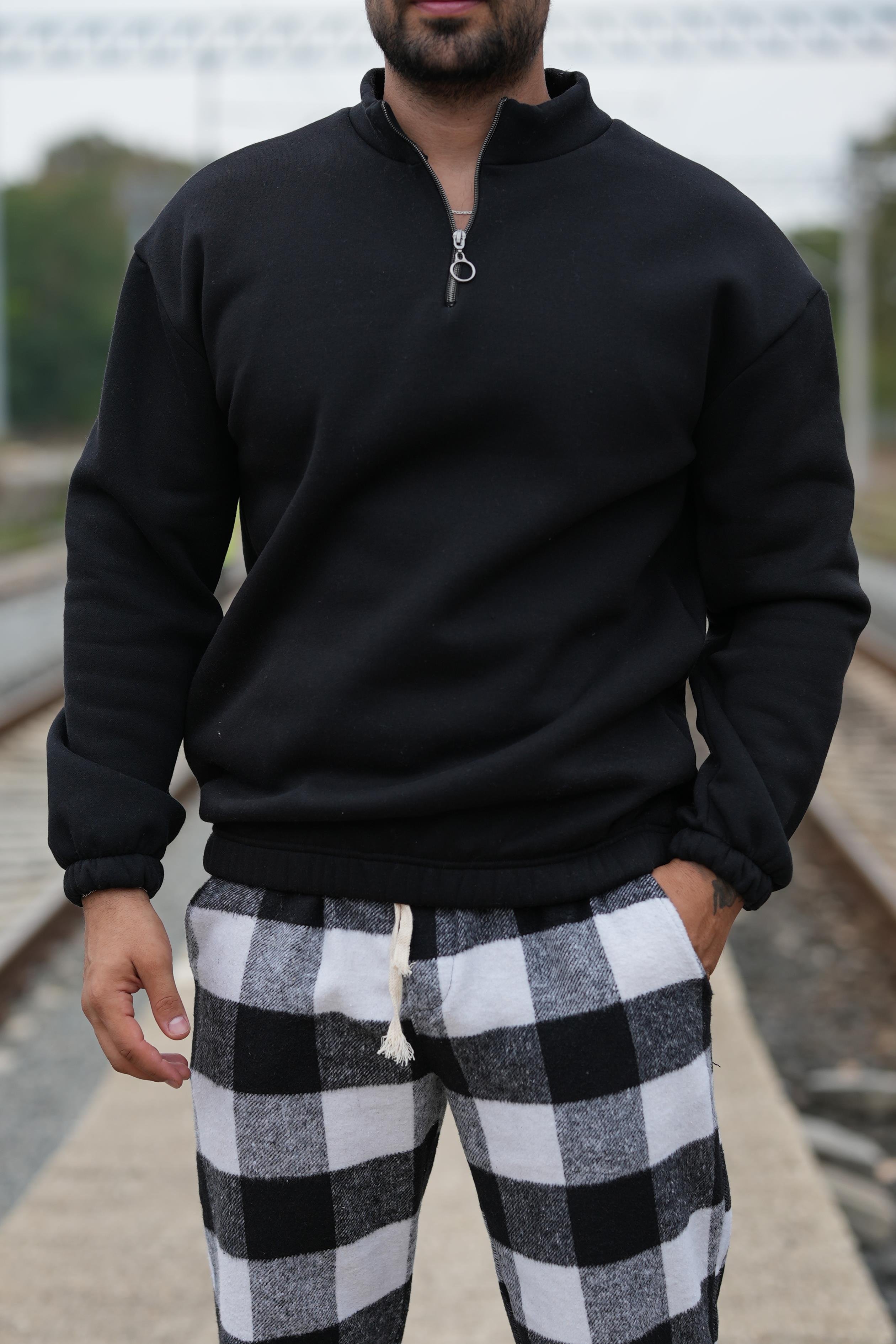 SweatSİYAH 3 iplik yarım fermuarlı sweatshirt SC