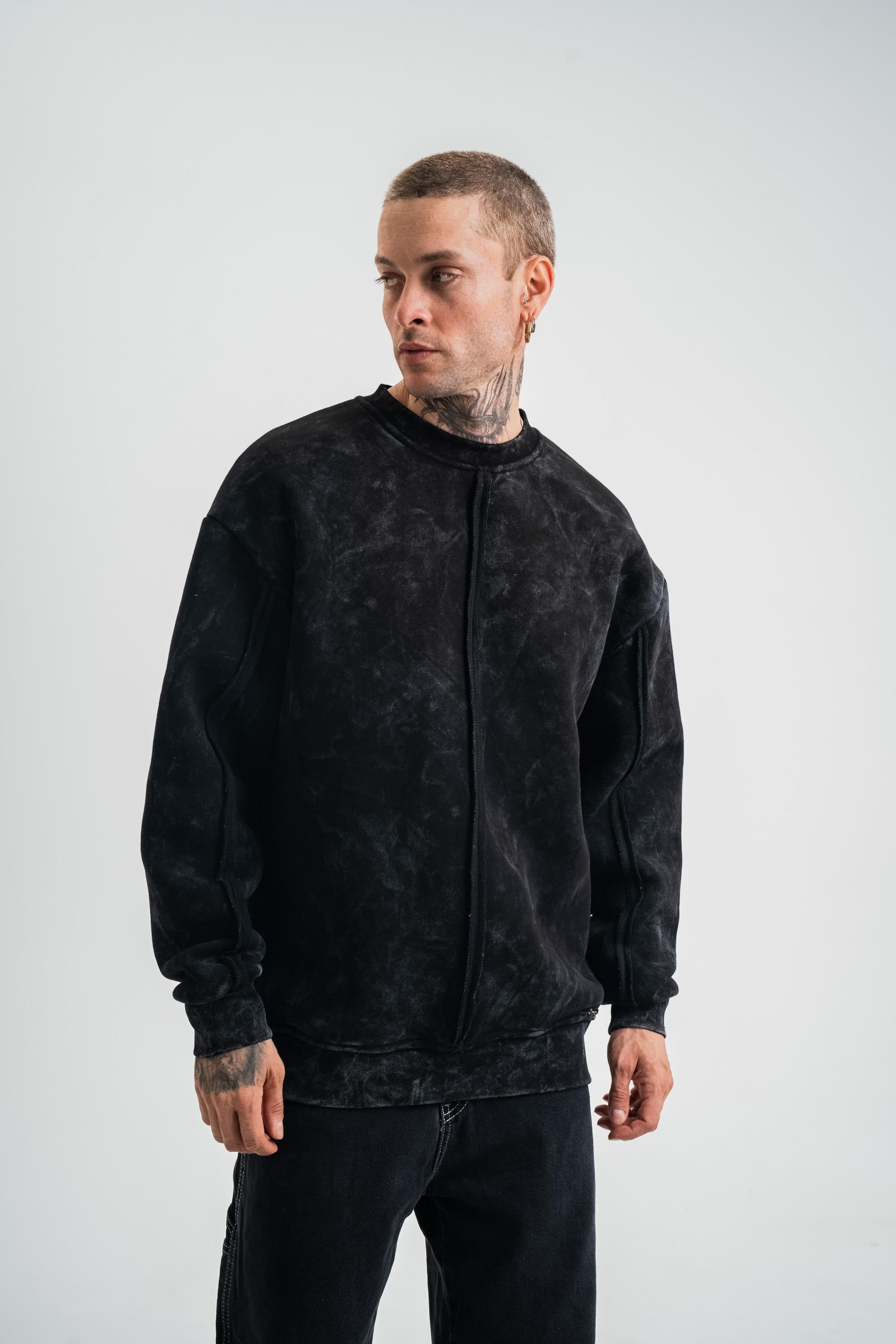 SweatSiyah Çift Dilli Yıkamalı Bisiklet Yaka Sweatshirt PLZ