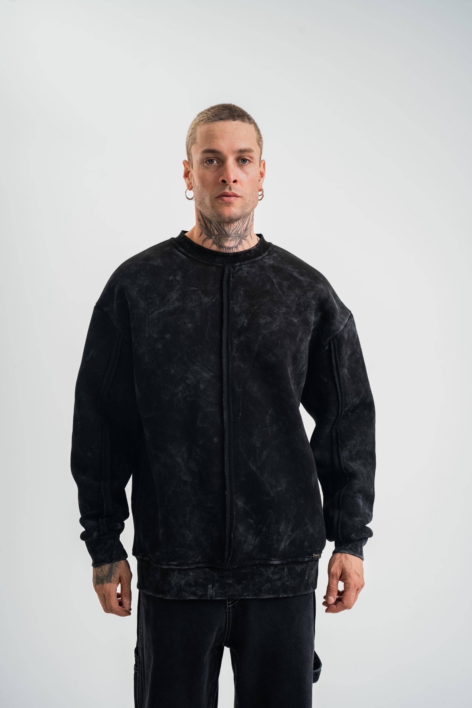 SweatSiyah Çift Dilli Yıkamalı Bisiklet Yaka Sweatshirt PLZ
