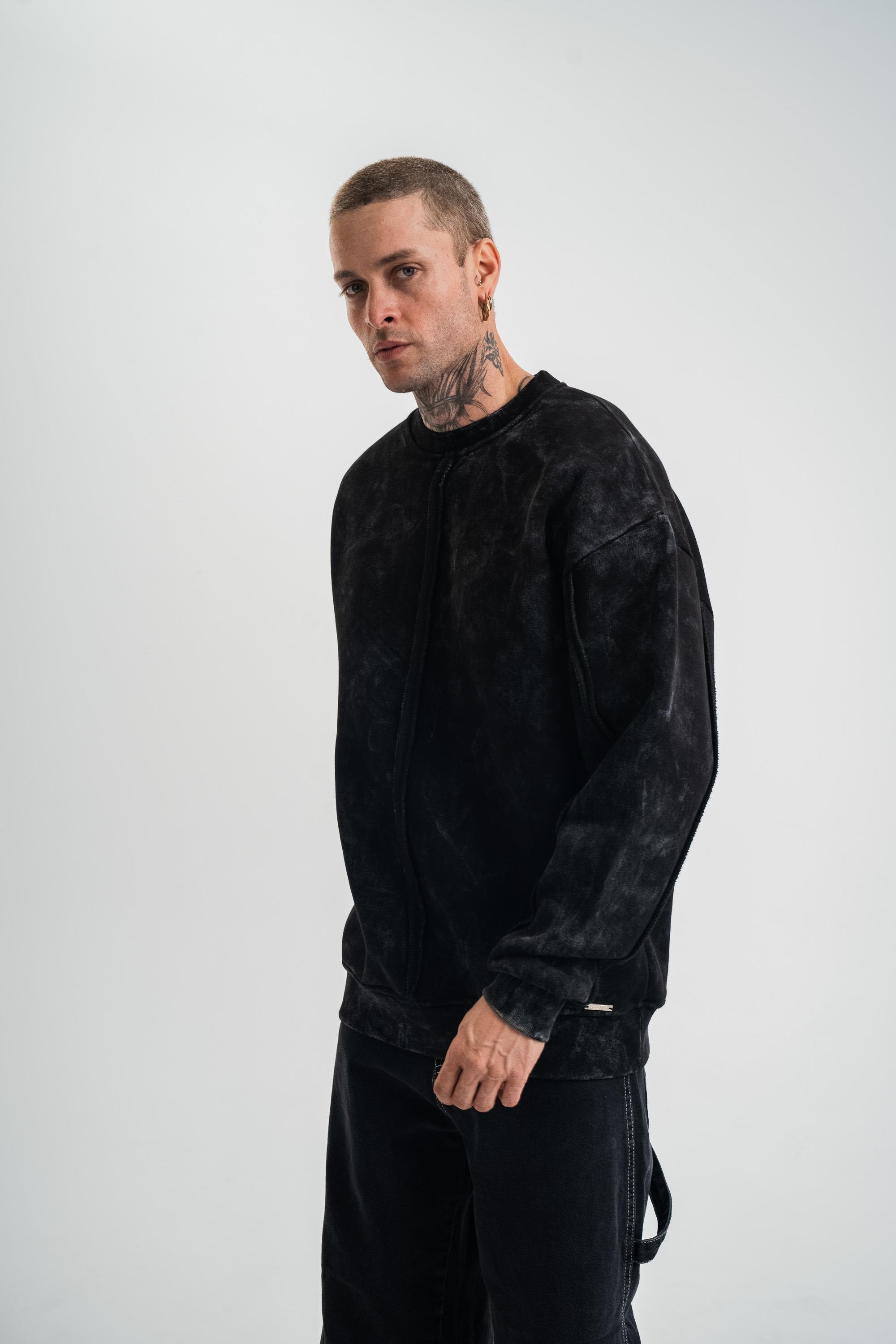 SweatSiyah Çift Dilli Yıkamalı Bisiklet Yaka Sweatshirt PLZ