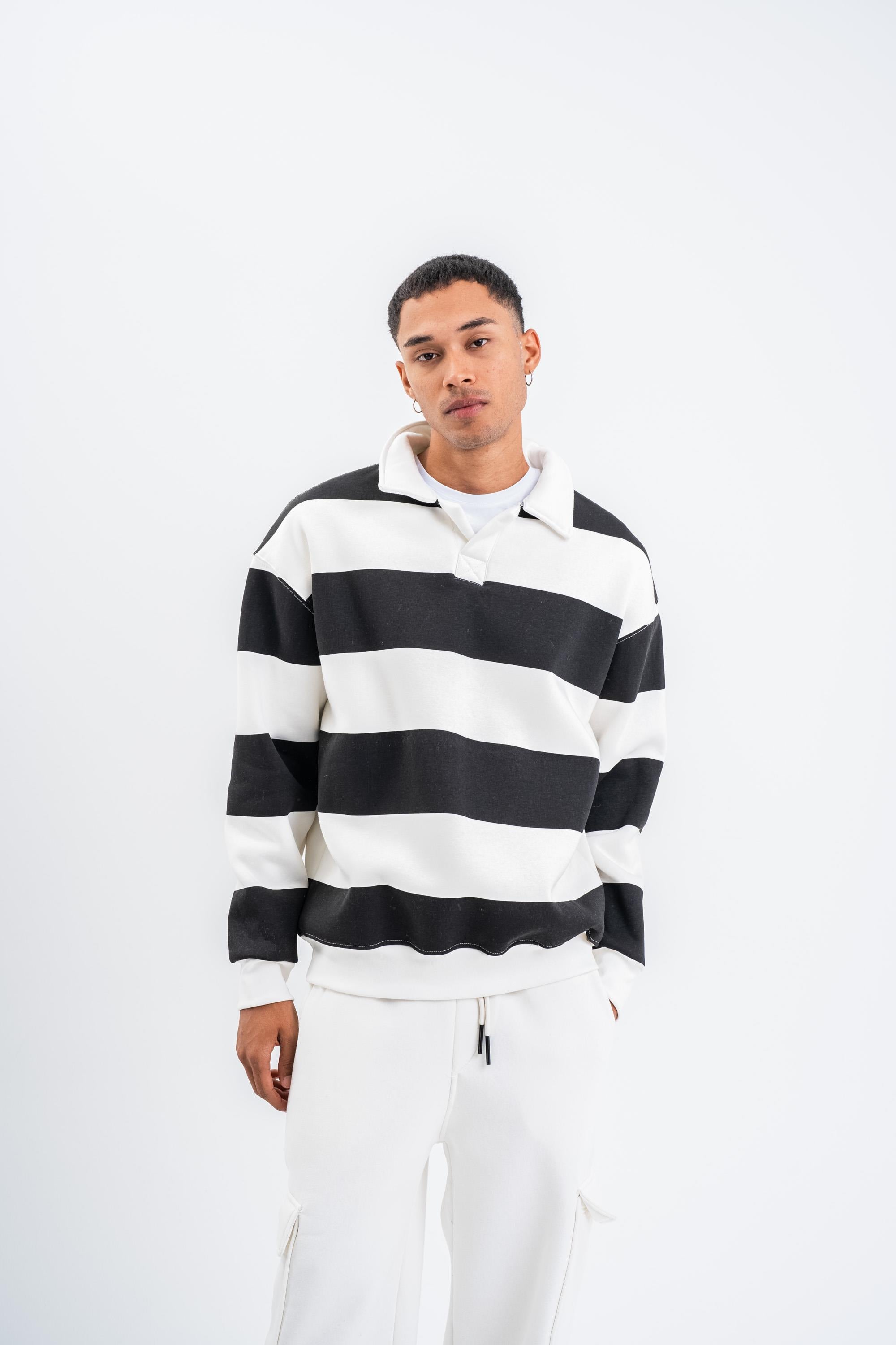 SweatSiyah Çizgili 3 İplik Polo Yaka Sweatshirt PLZ