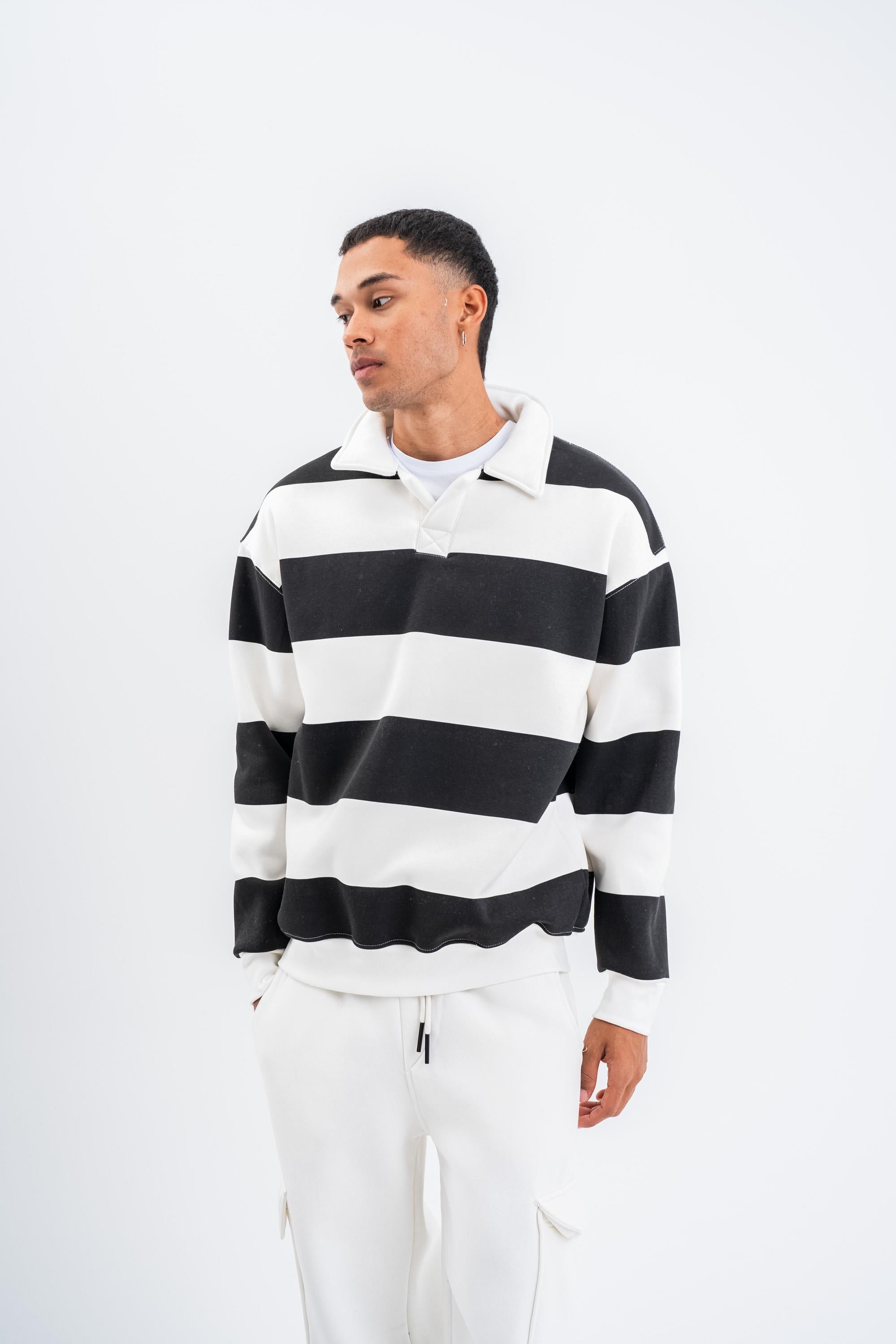 SweatSiyah Çizgili 3 İplik Polo Yaka Sweatshirt PLZ