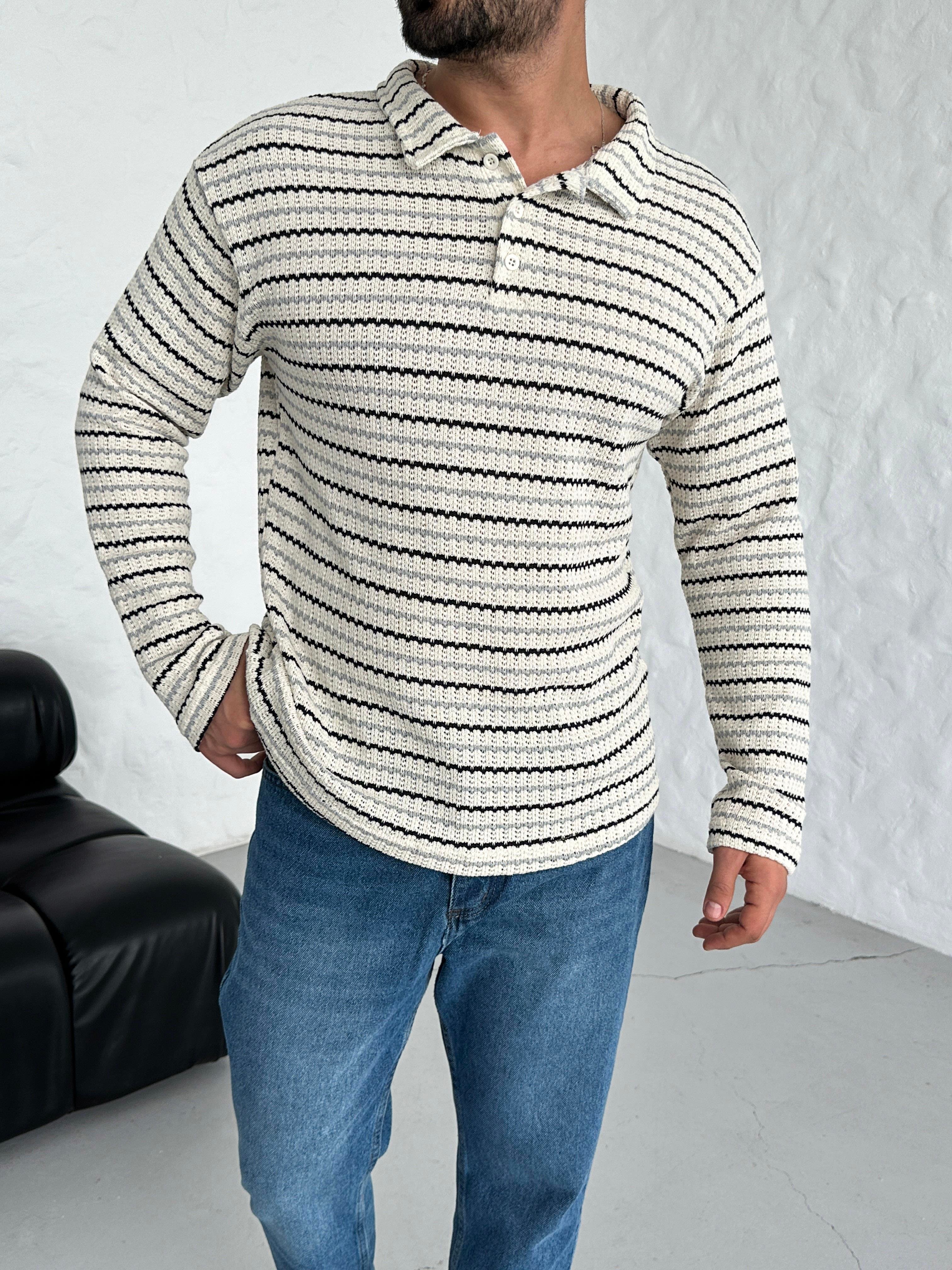 SweatSiyah İnce Çizgili Üç Düğmeli Polo Yaka Triko SNZ 8396
