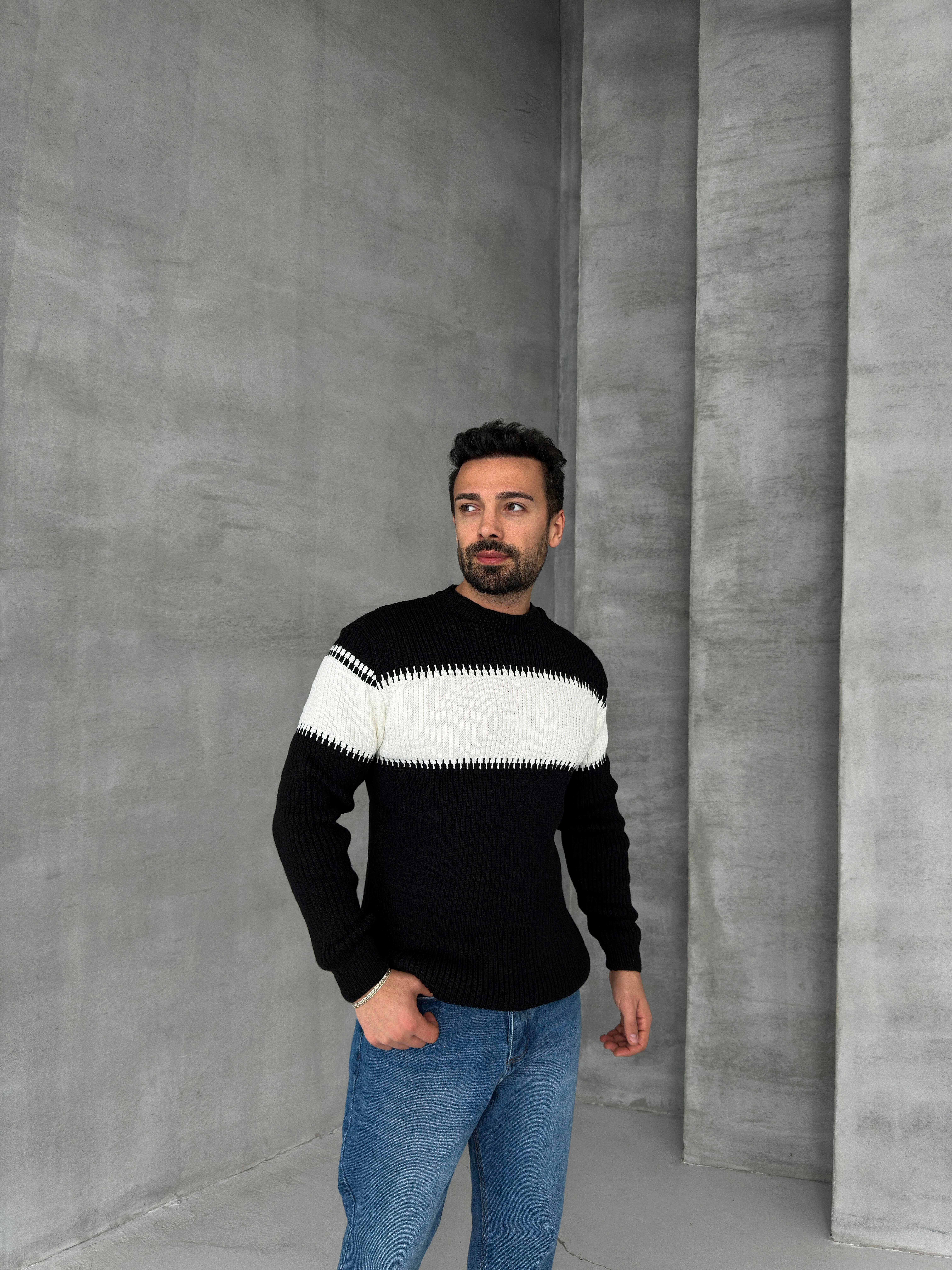 SweatSiyah Kalın Çizgili Balıkçıl Yaka Triko 7179