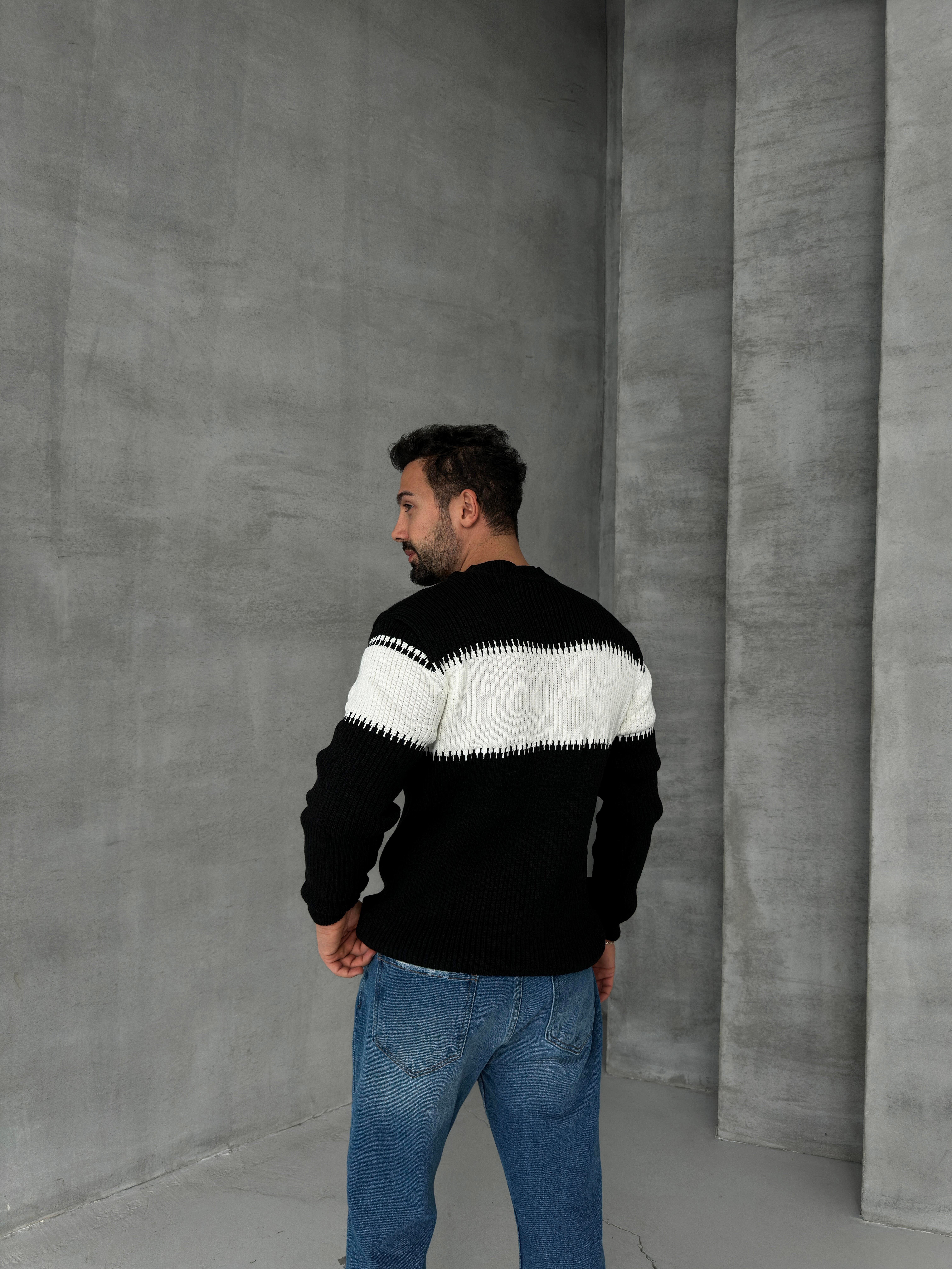 SweatSiyah Kalın Çizgili Balıkçıl Yaka Triko 7179