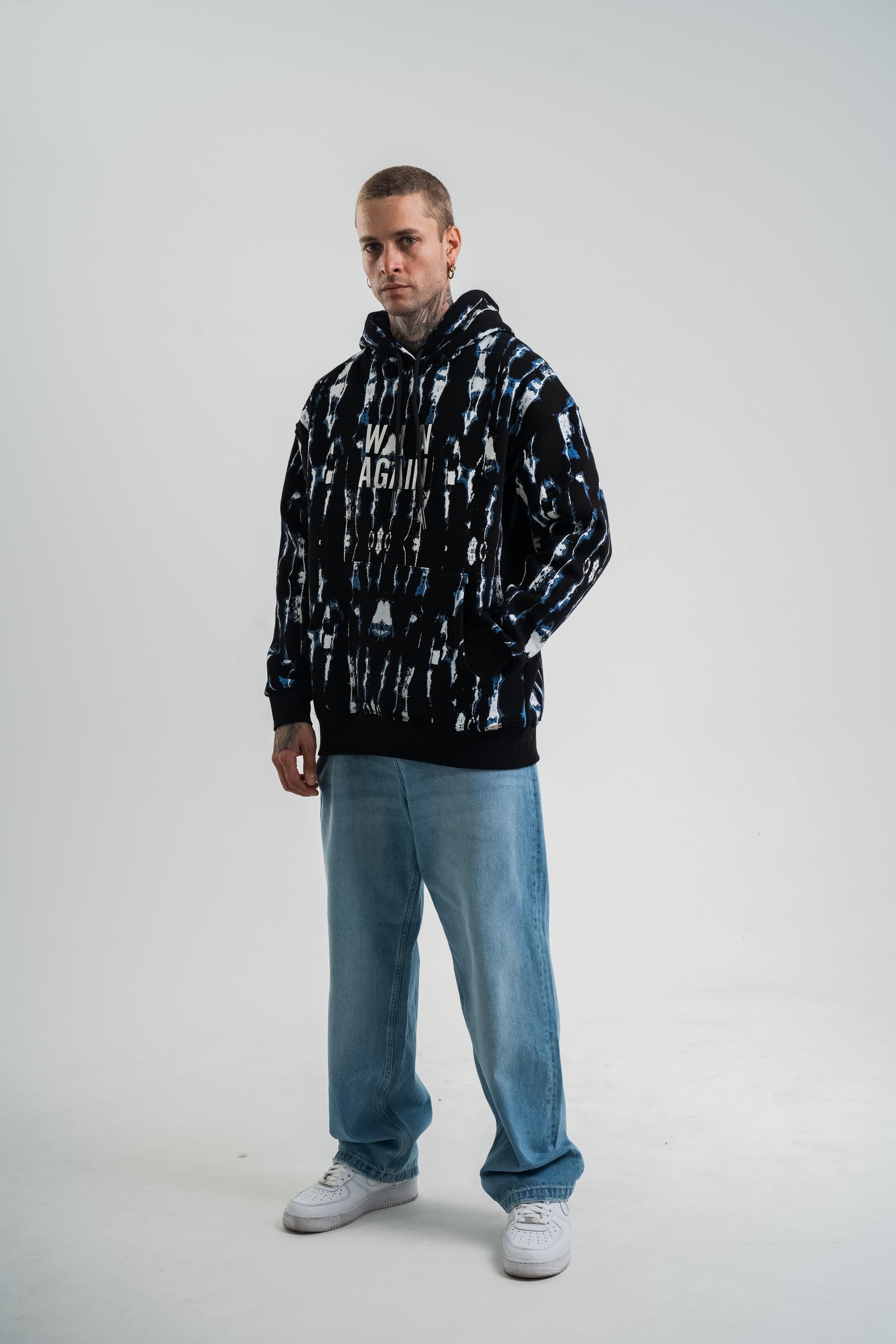 SweatSiyah Mavi Pano Baskılı Kapşonlu Sweatshirt PLZ