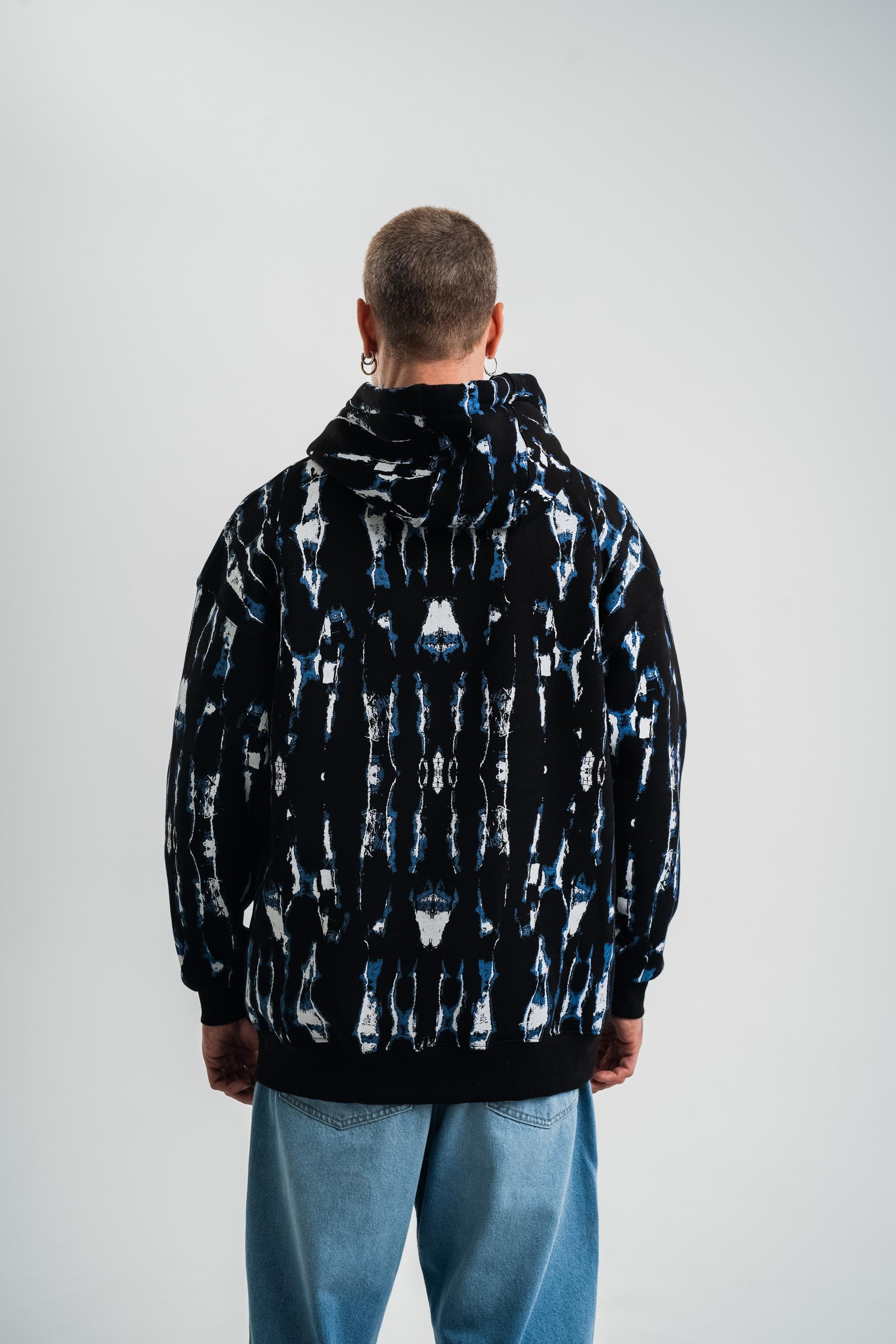 SweatSiyah Mavi Pano Baskılı Kapşonlu Sweatshirt PLZ