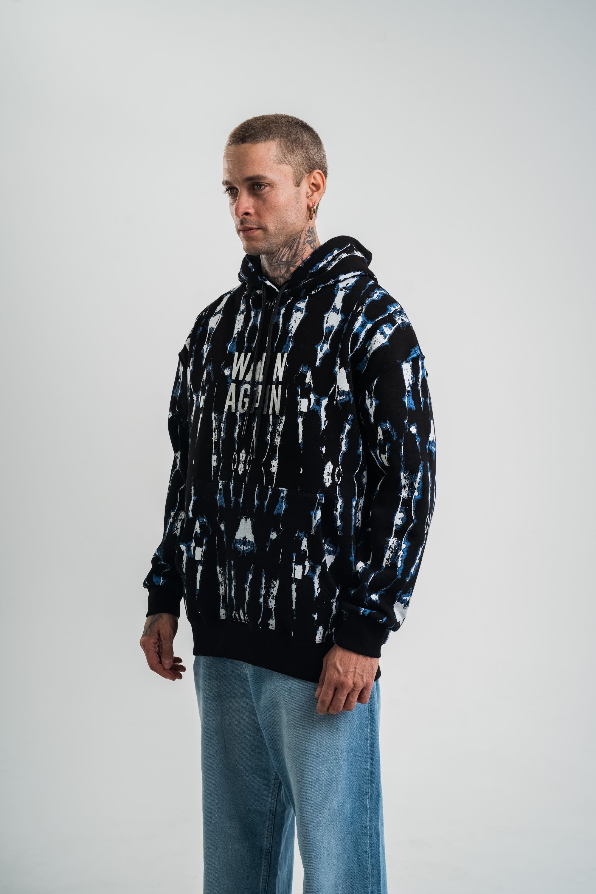 SweatSiyah Mavi Pano Baskılı Kapşonlu Sweatshirt PLZ