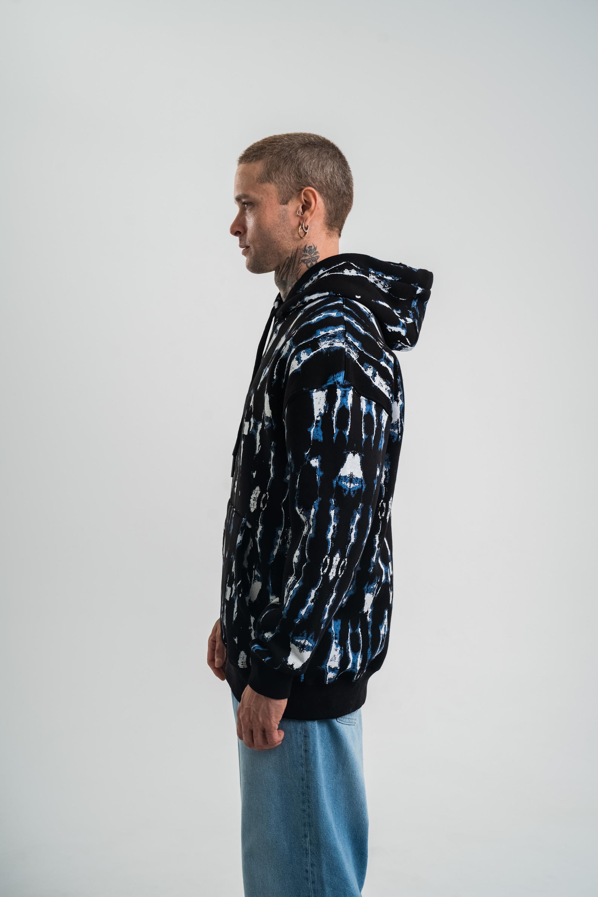 SweatSiyah Mavi Pano Baskılı Kapşonlu Sweatshirt PLZ