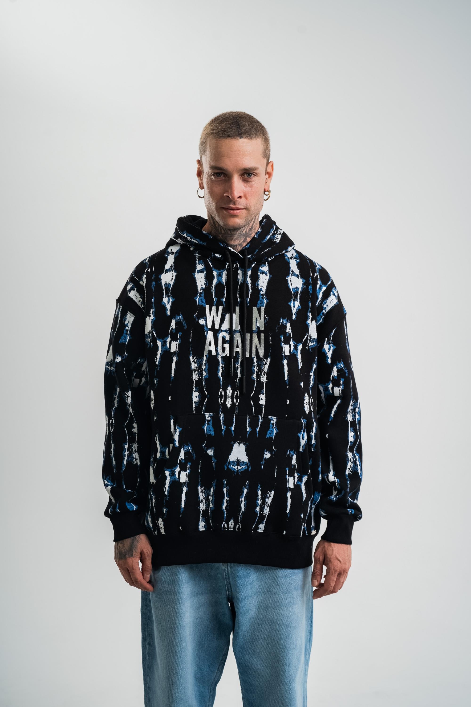 SweatSiyah Mavi Pano Baskılı Kapşonlu Sweatshirt PLZ