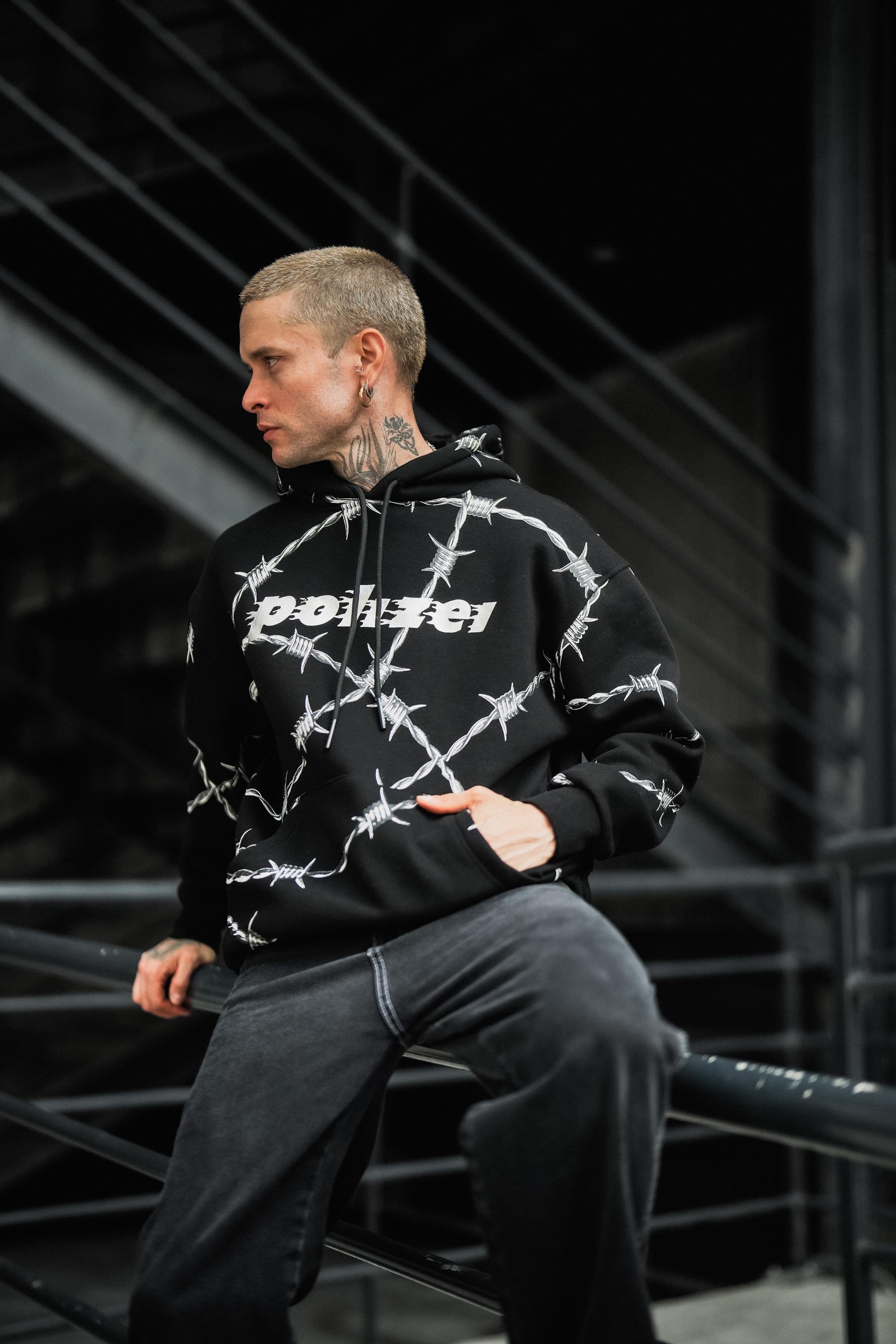 SweatSiyah Tel Örgü Pano Baskı Düz Kapşonlu  Sweatshirt PLZ