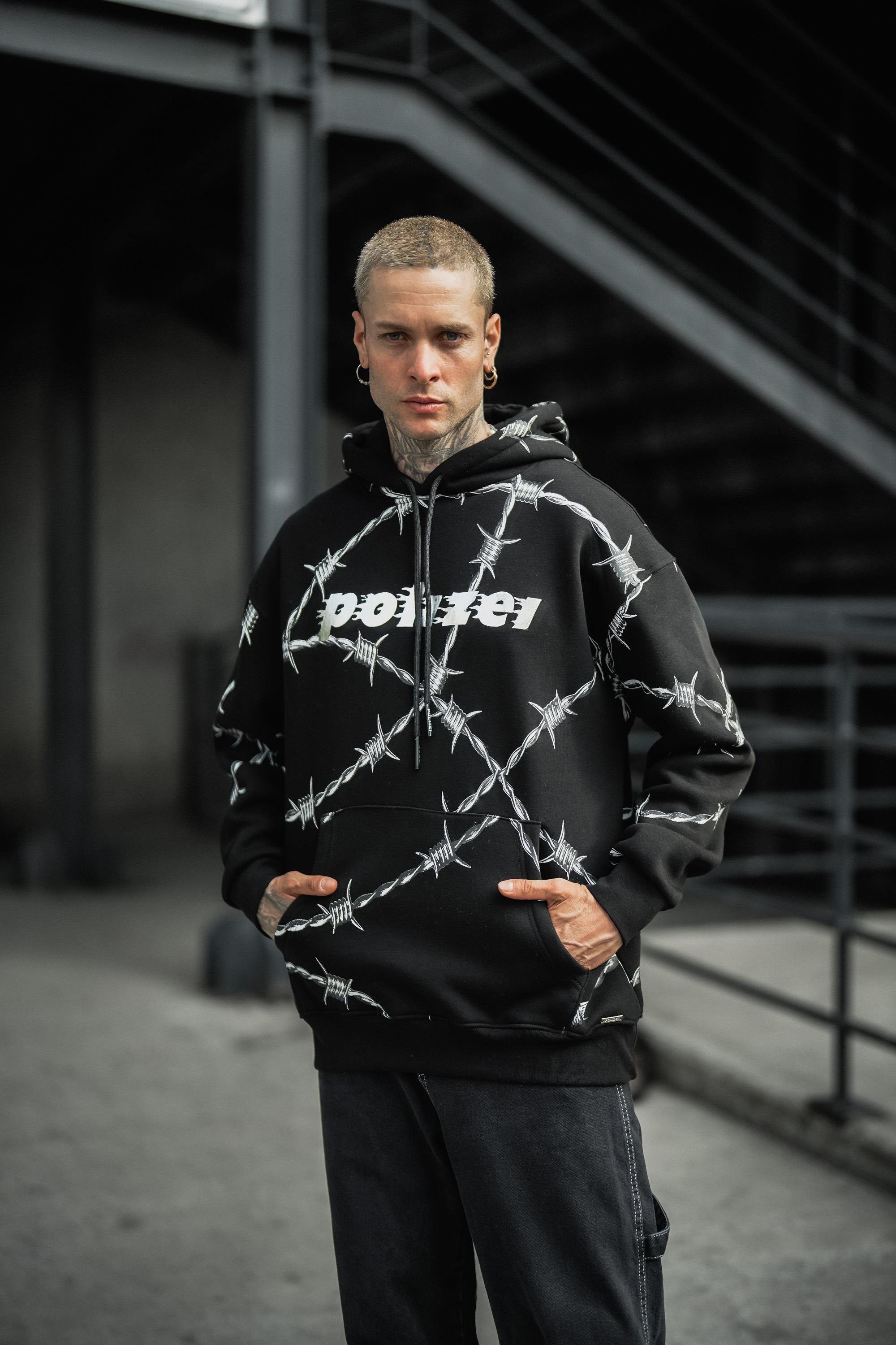 SweatSiyah Tel Örgü Pano Baskı Düz Kapşonlu  Sweatshirt PLZ