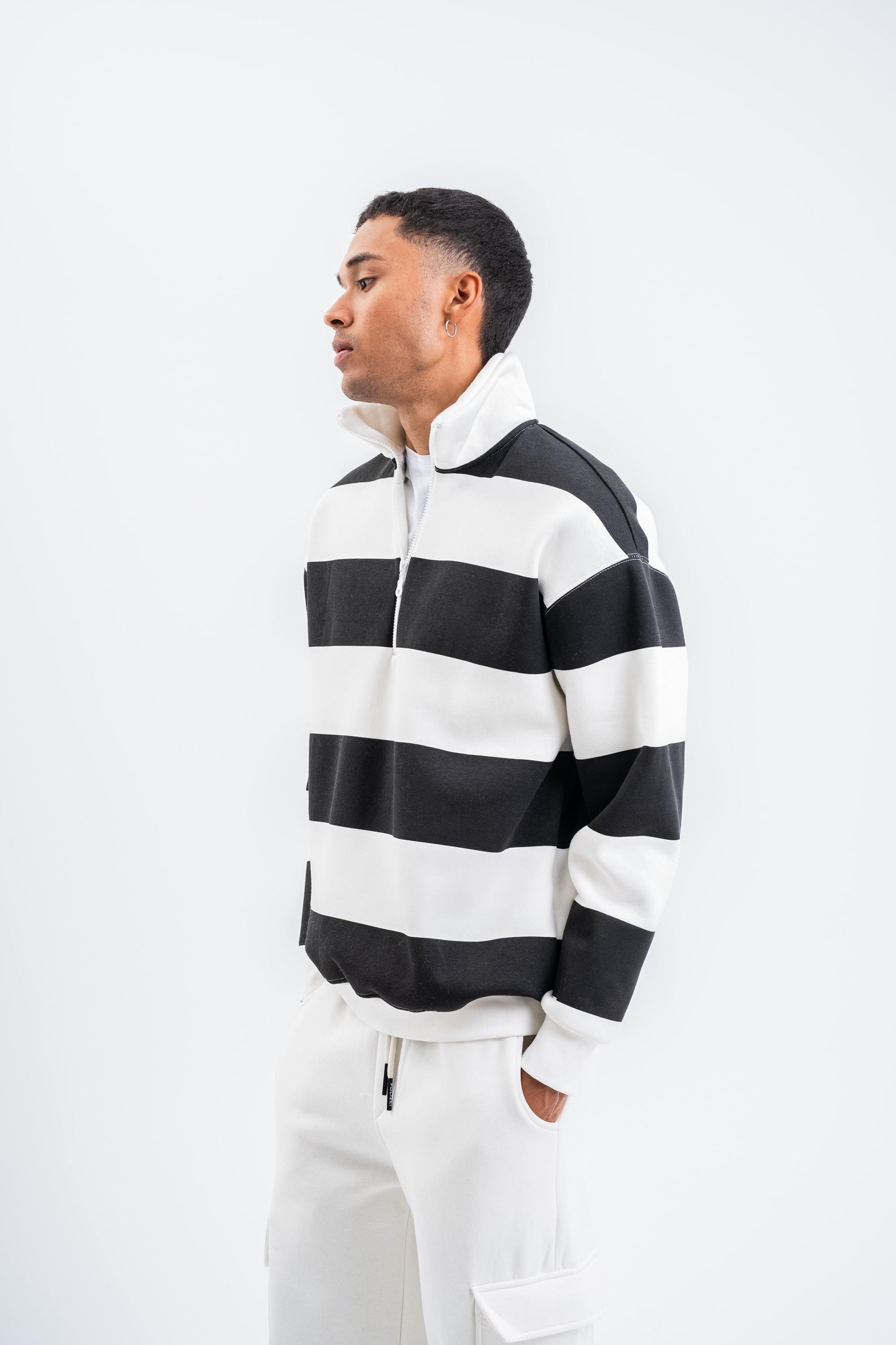 SweatSiyah Yarım Fermuarlı Çizgili 3 İplik Sweatshirt PLZ