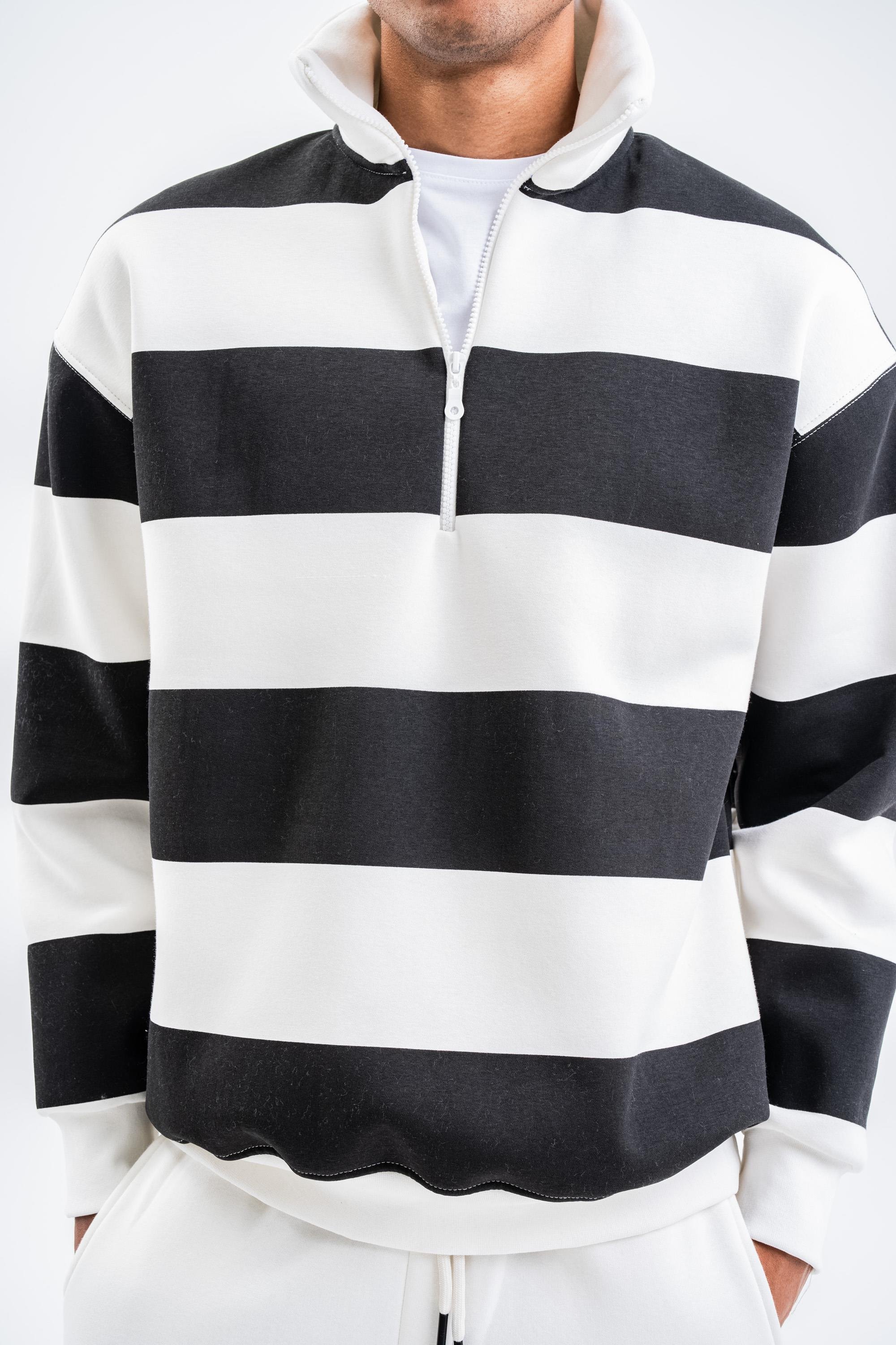 SweatSiyah Yarım Fermuarlı Çizgili 3 İplik Sweatshirt PLZ
