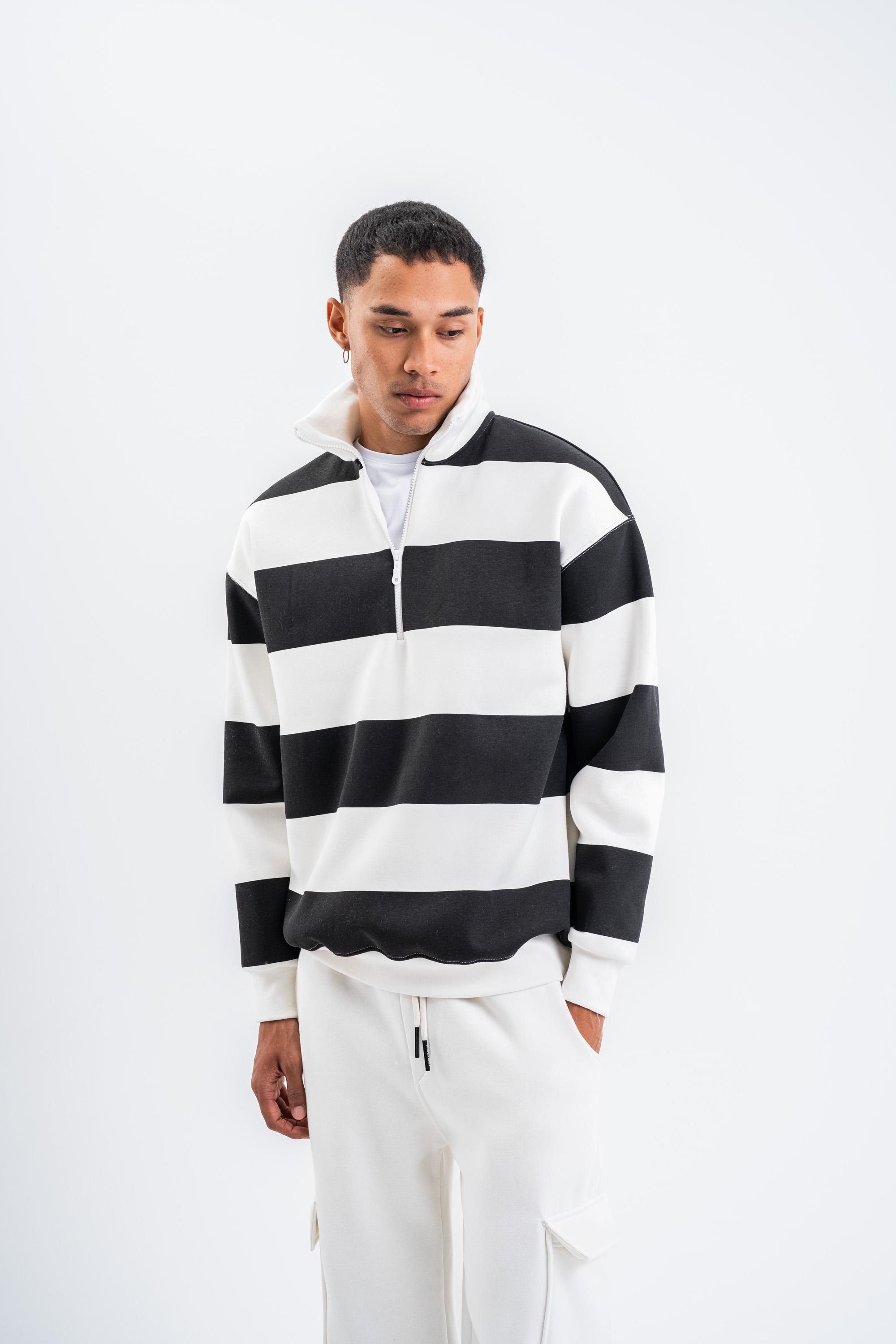 SweatSiyah Yarım Fermuarlı Çizgili 3 İplik Sweatshirt PLZ