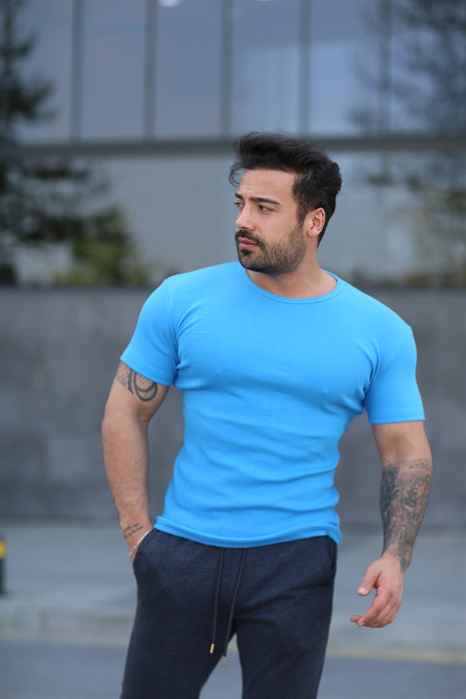 T-SHİRTAçık Mavi İthal Kumaş Basic T-SHİRT