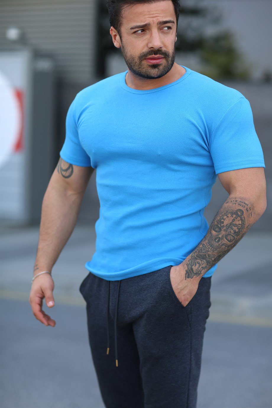T-SHİRTAçık Mavi İthal Kumaş Basic T-SHİRT