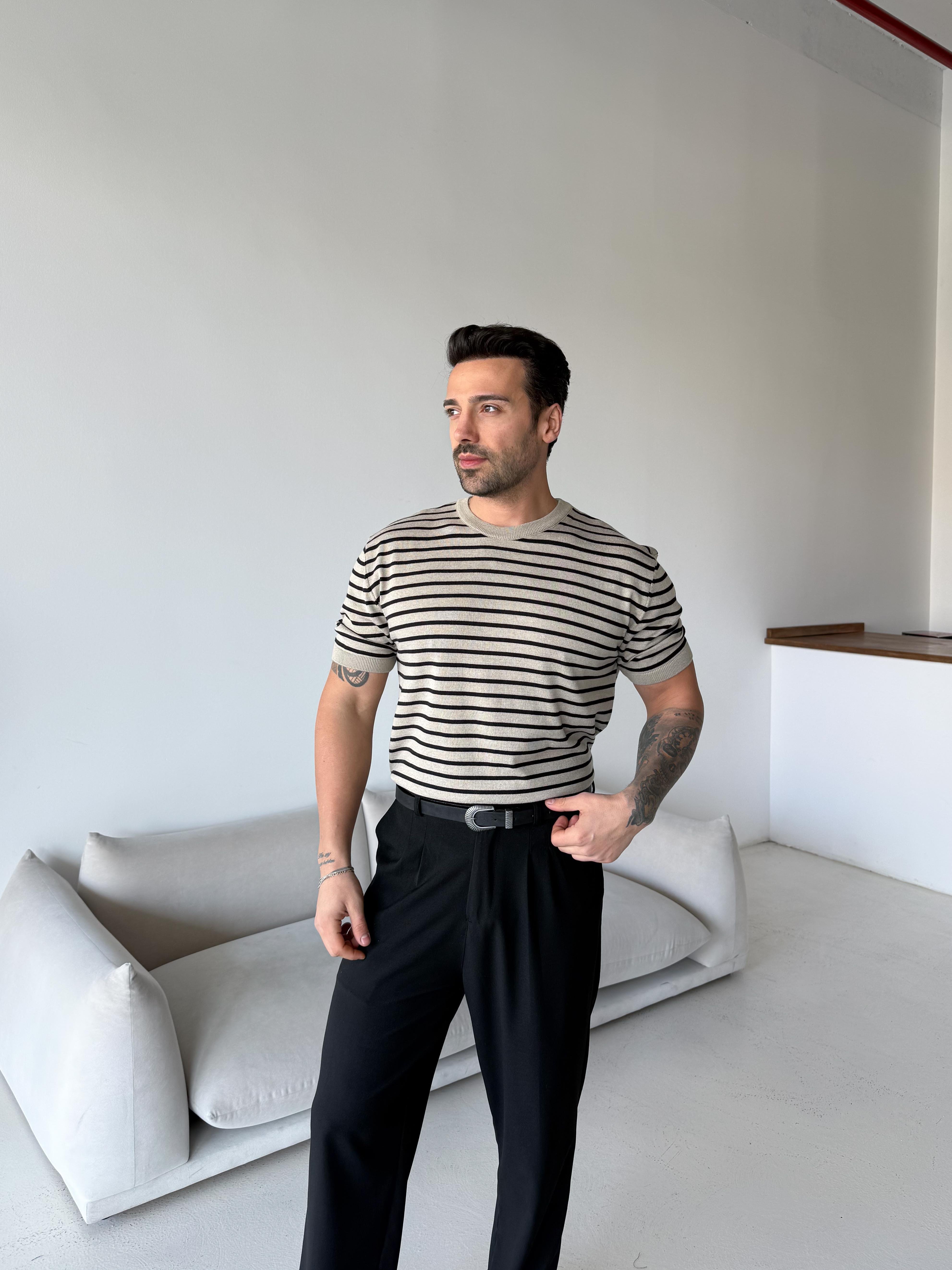 T-SHİRTBej Çizgili Triko BRR 5020