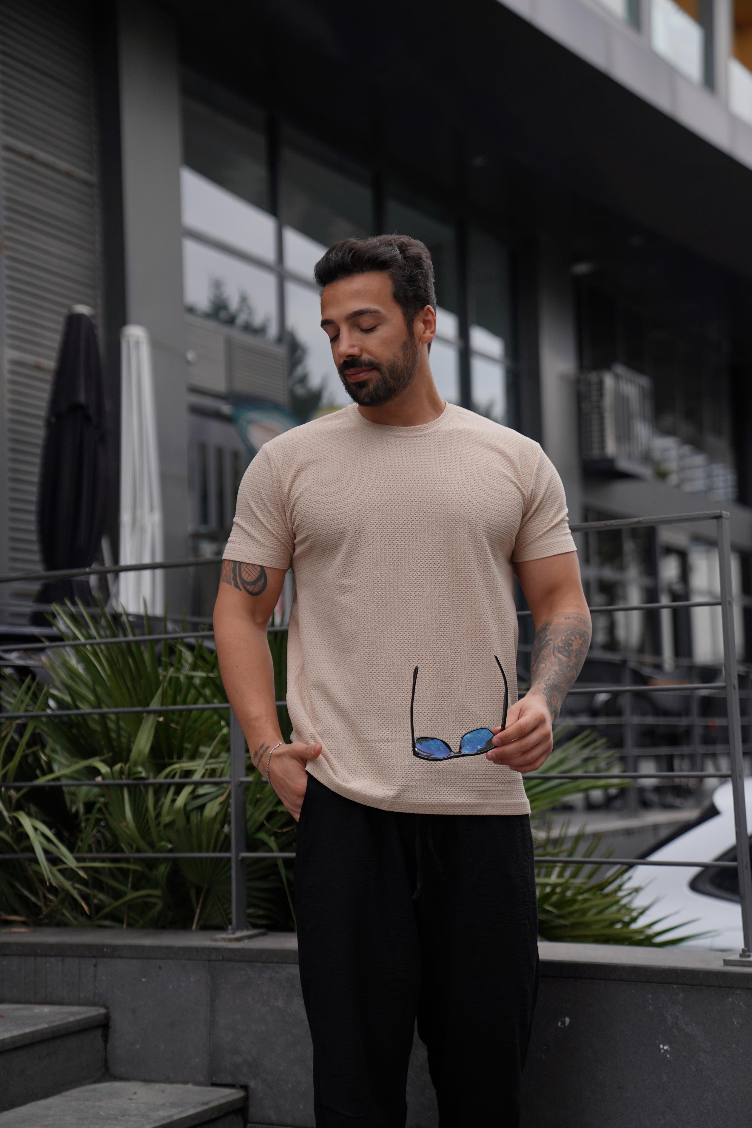 T-SHİRTBej Rapido Delikli Bisiklet Yaka T-Shirt TK 1005