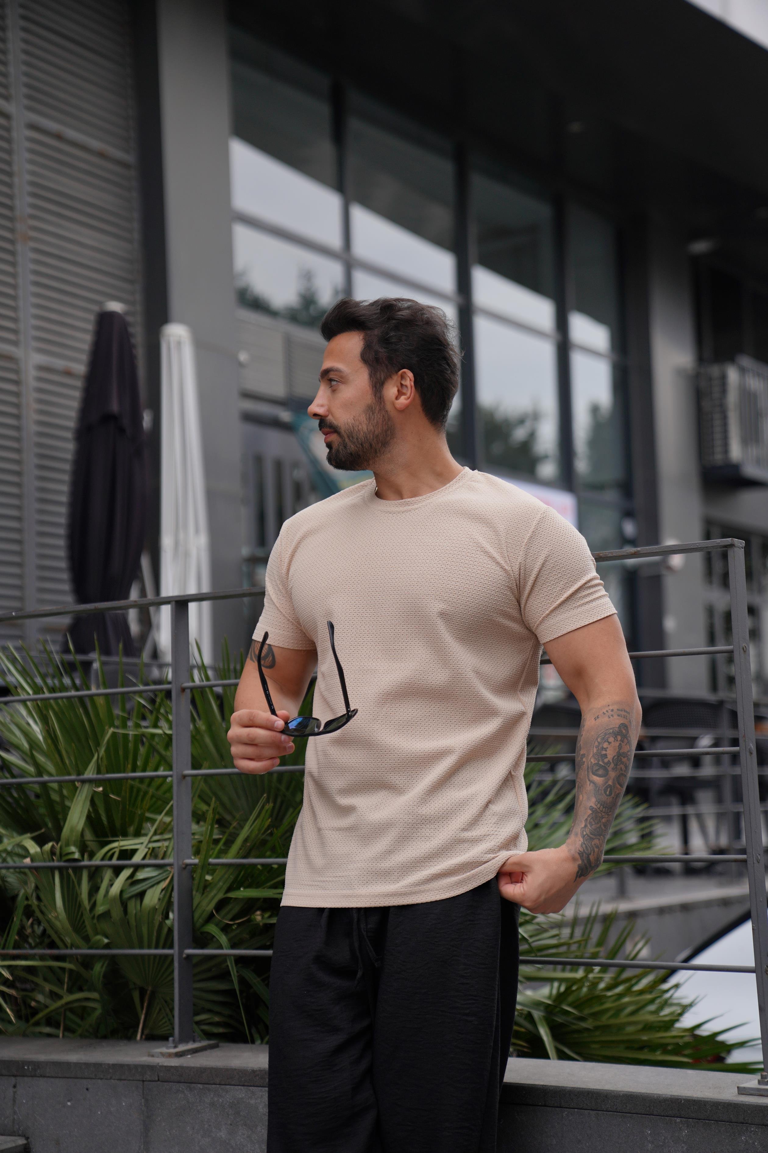 T-SHİRTBej Rapido Delikli Bisiklet Yaka T-Shirt TK 1005