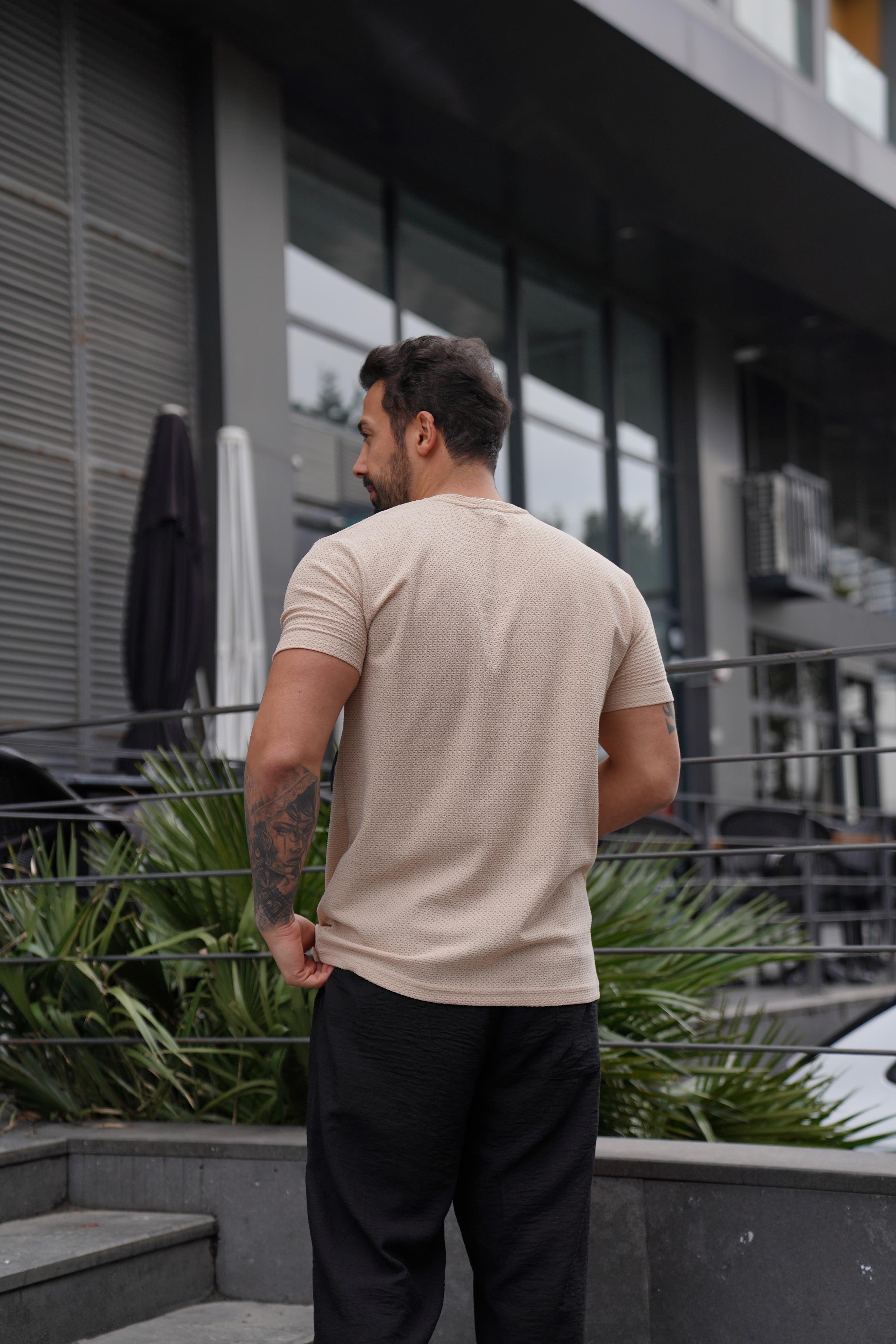 T-SHİRTBej Rapido Delikli Bisiklet Yaka T-Shirt TK 1005