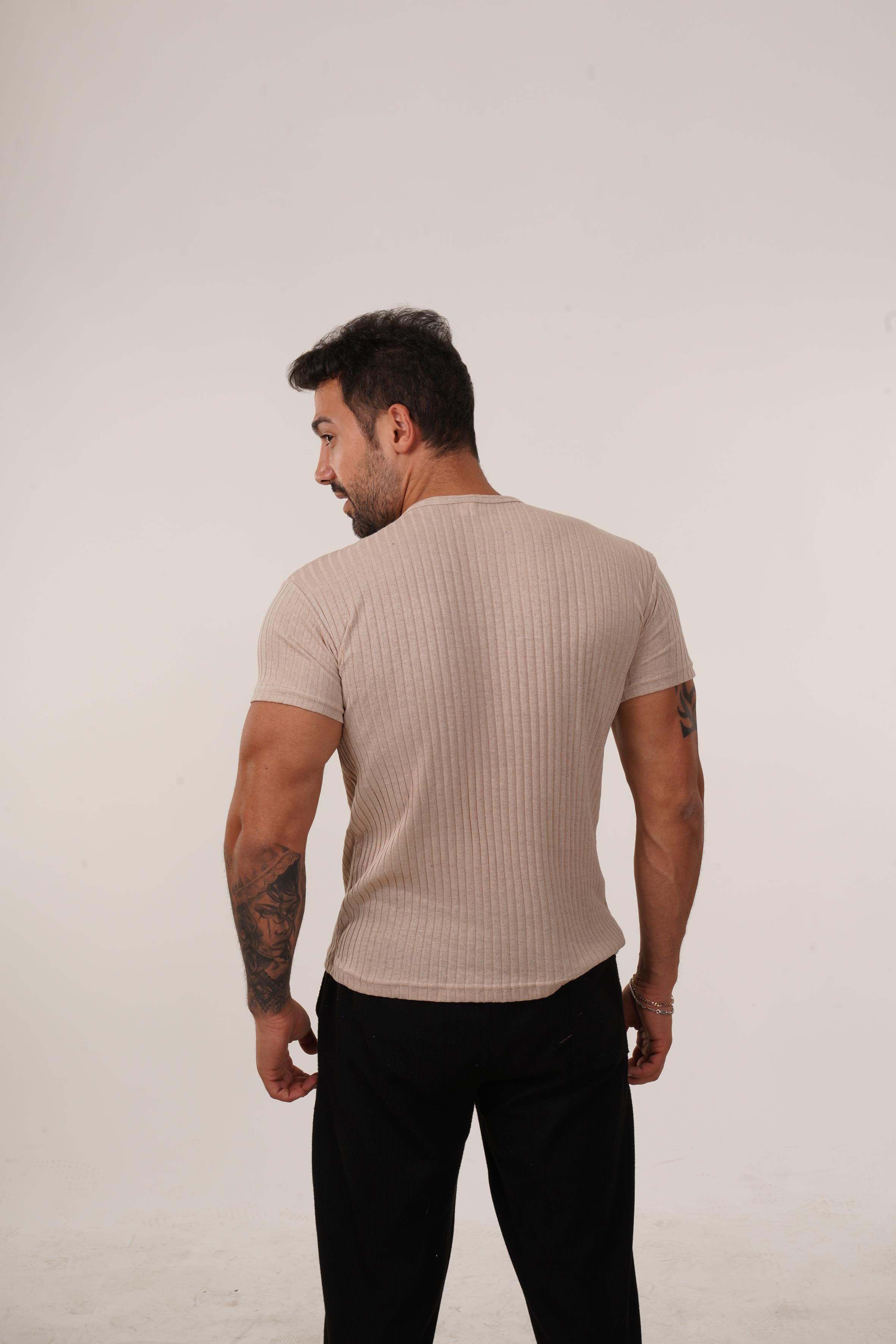T-SHİRTBej Slim Fit Fitilli T-SHIRT SC