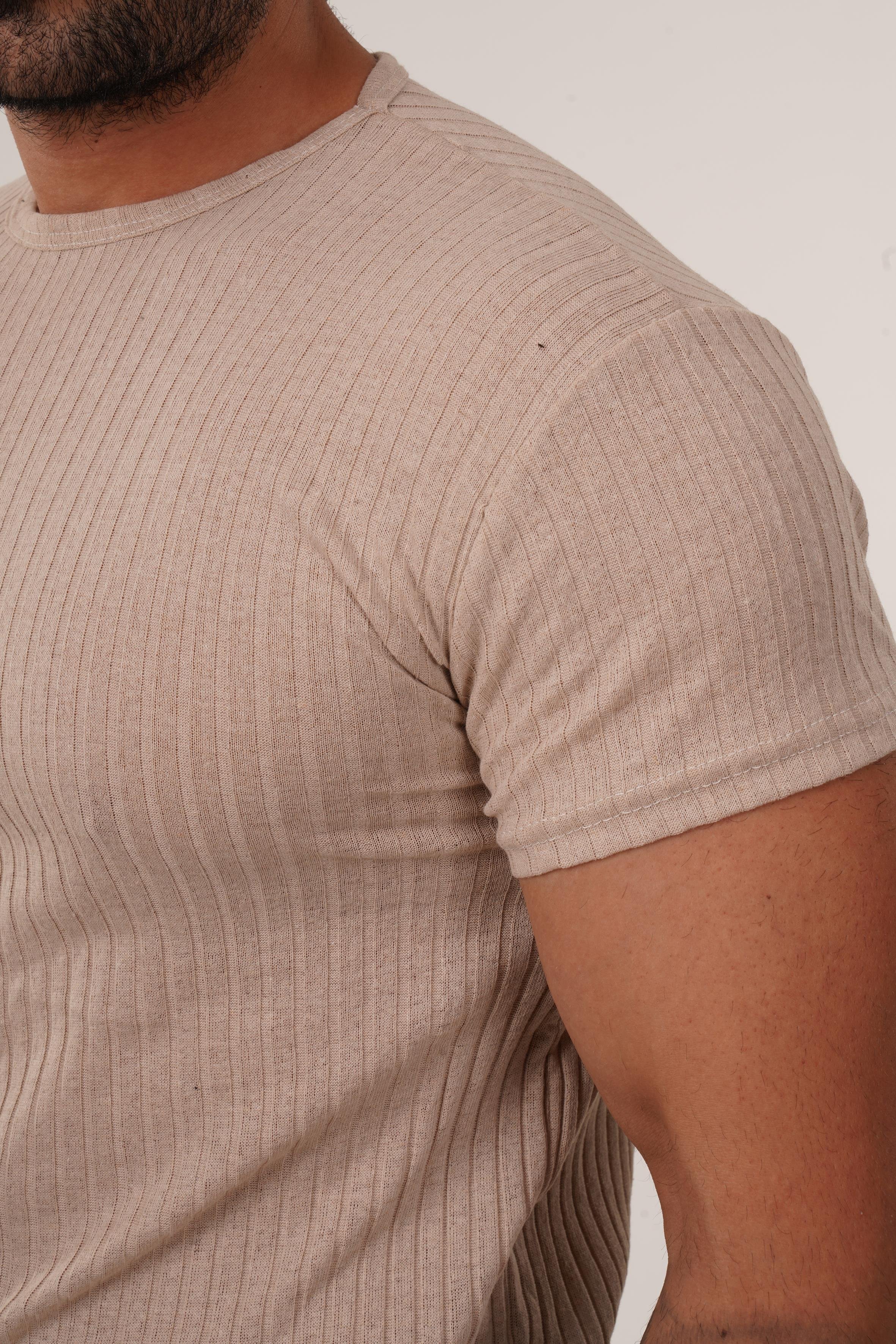 T-SHİRTBej Slim Fit Fitilli T-SHIRT SC