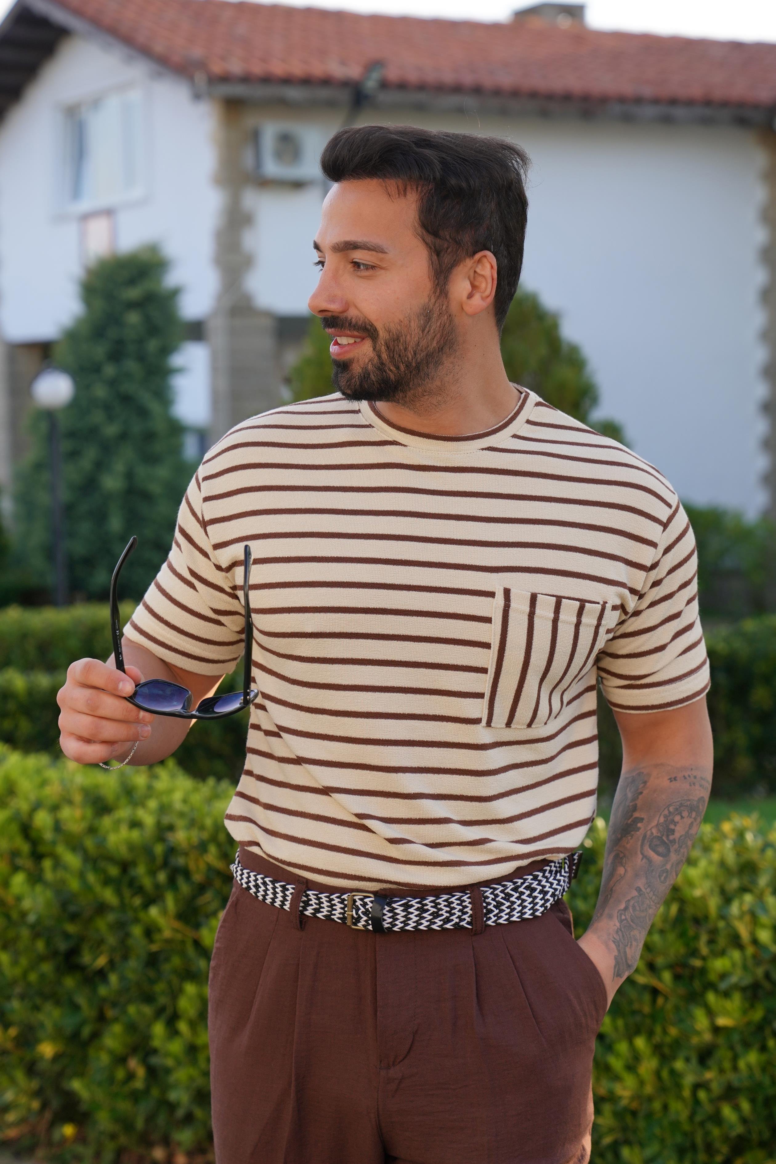 T-SHİRTBeje Kahve Çizgili Triko SNZ 4507