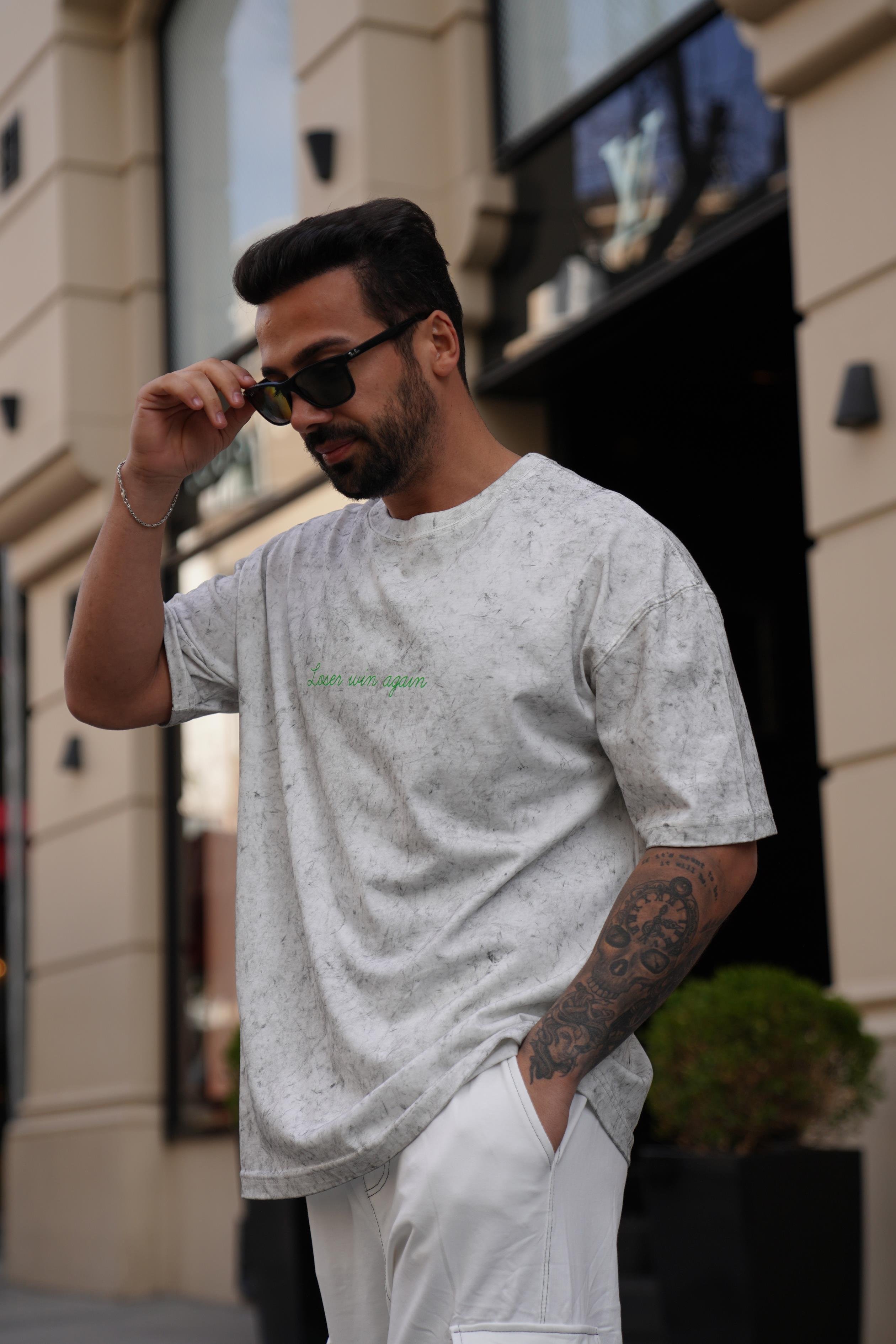 T-SHİRTBeyaz 2 İplik Yıkamalı Yeşil Again Baskılı Oversize T-Shirt MHL