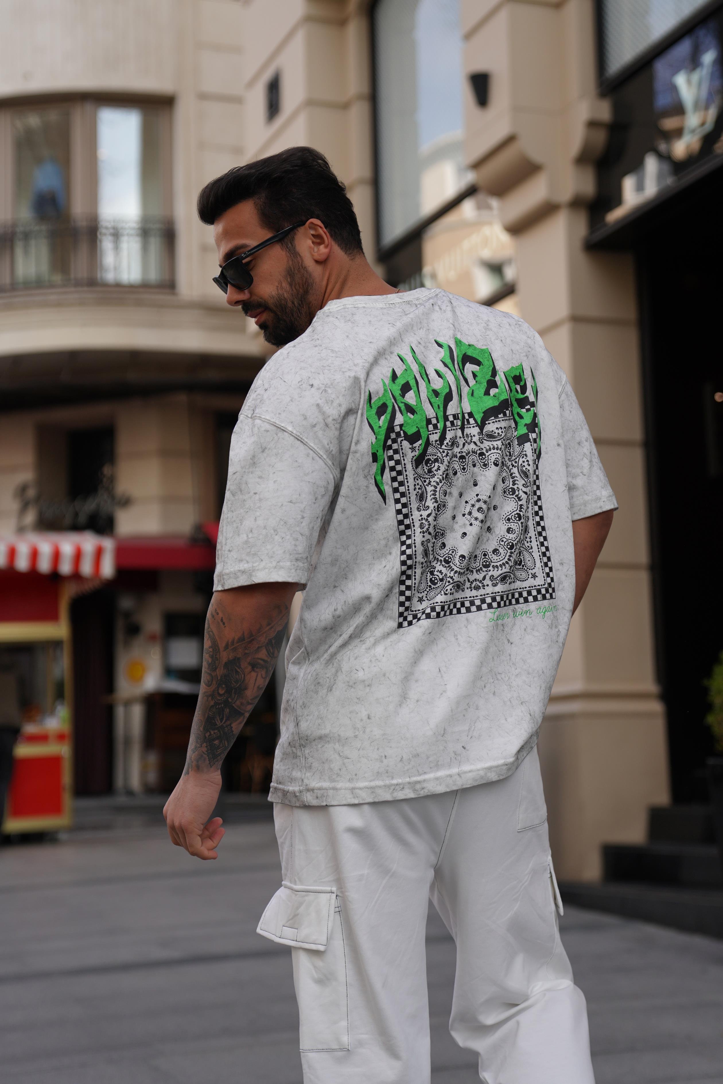 T-SHİRTBeyaz 2 İplik Yıkamalı Yeşil Again Baskılı Oversize T-Shirt MHL