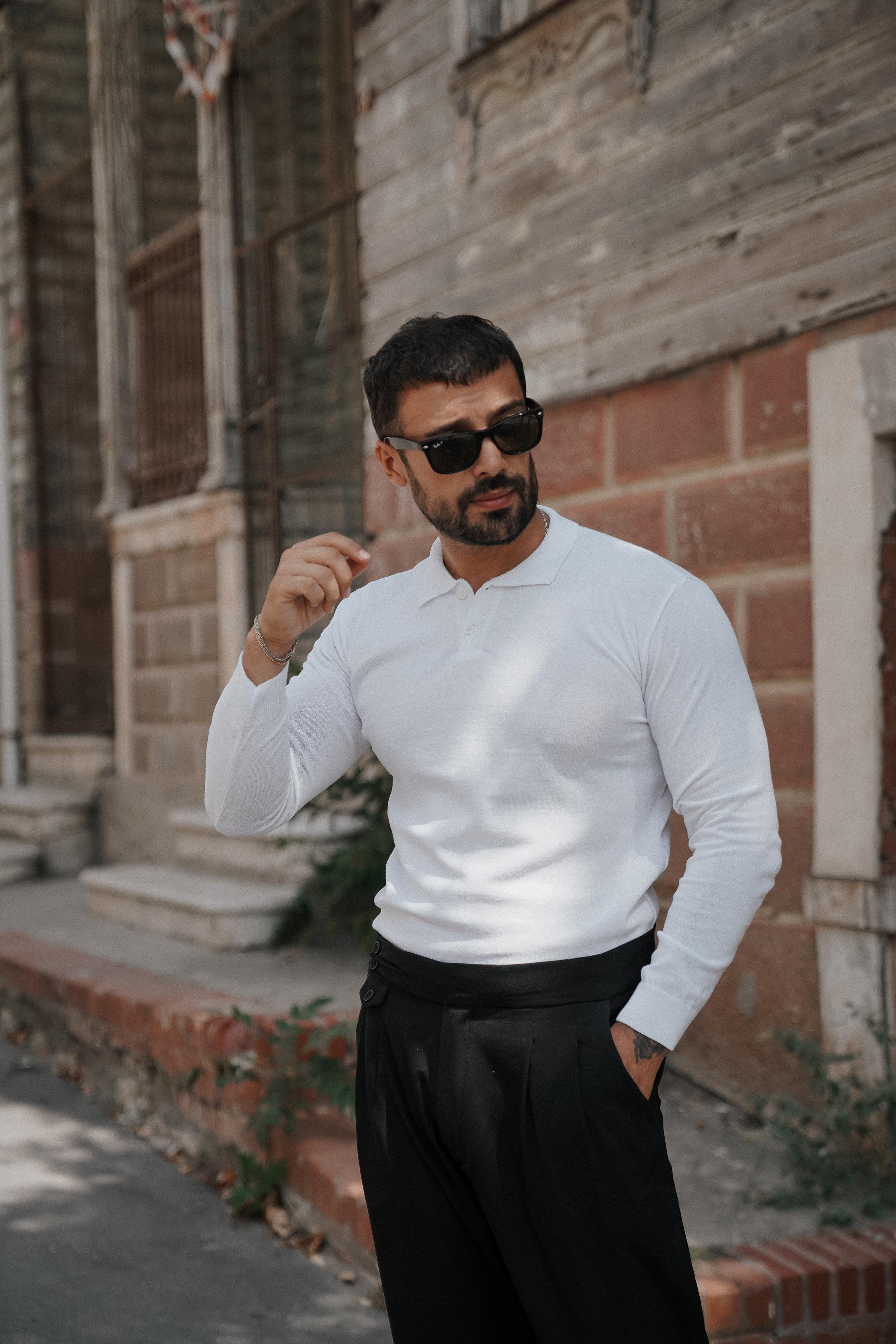 T-SHİRTBEYAZ Triko uzun kol polo yaka SC