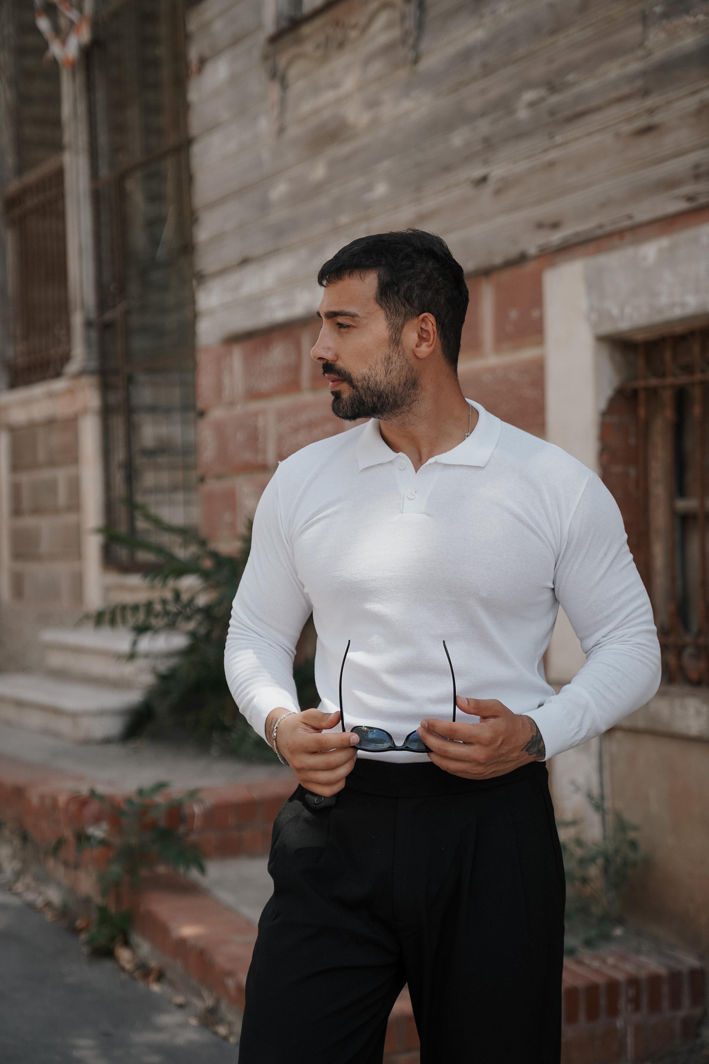 T-SHİRTBEYAZ Triko uzun kol polo yaka SC