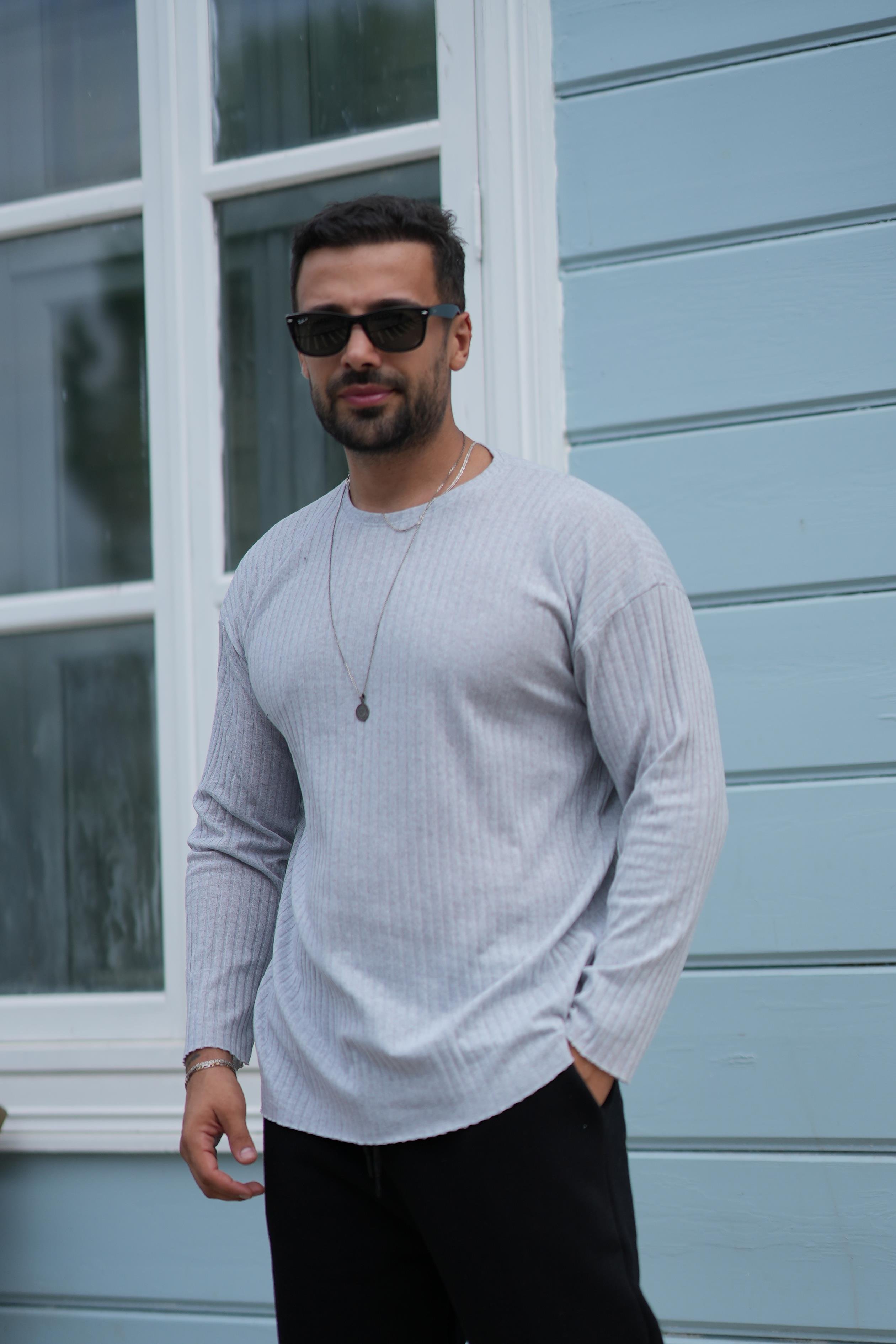 T-SHİRTGRİ Fitilli oversize uzun kol SC