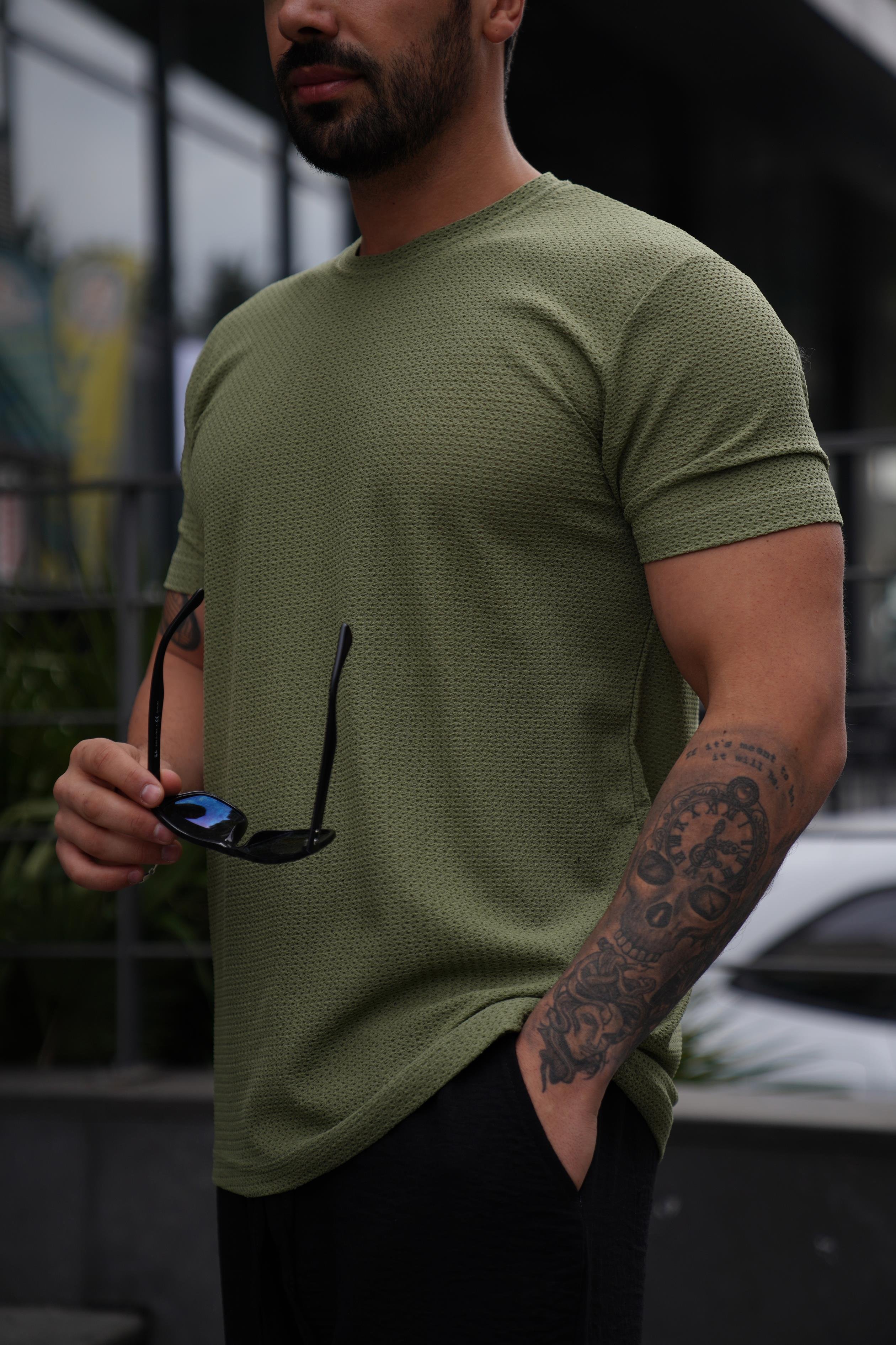 T-SHİRTHaki Rapido Delikli Bisiklet Yaka T-Shirt TK 1005
