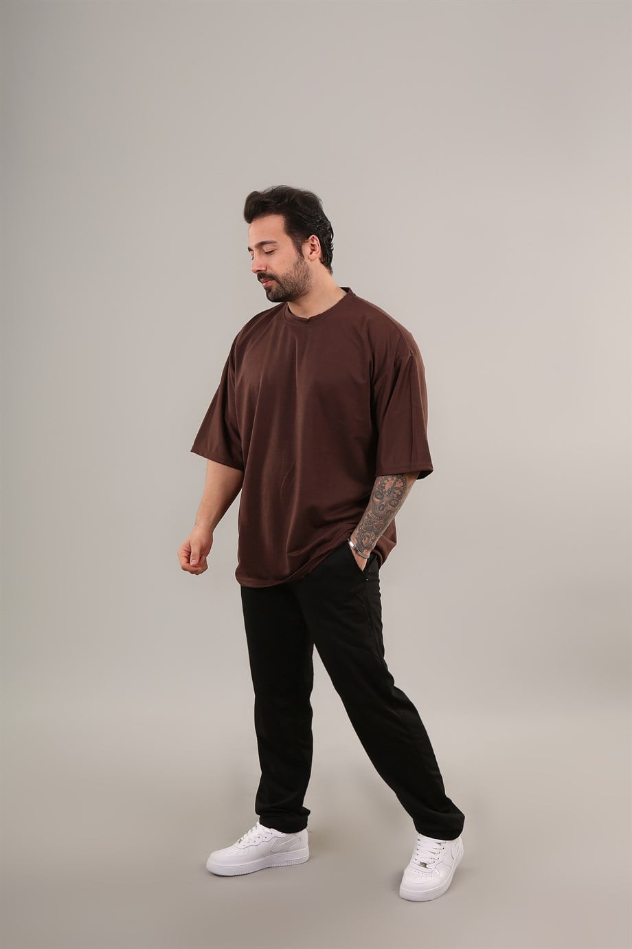 T-SHİRTKahve Double Kalıp 2 İplik Düz Oversize T-shirt SC