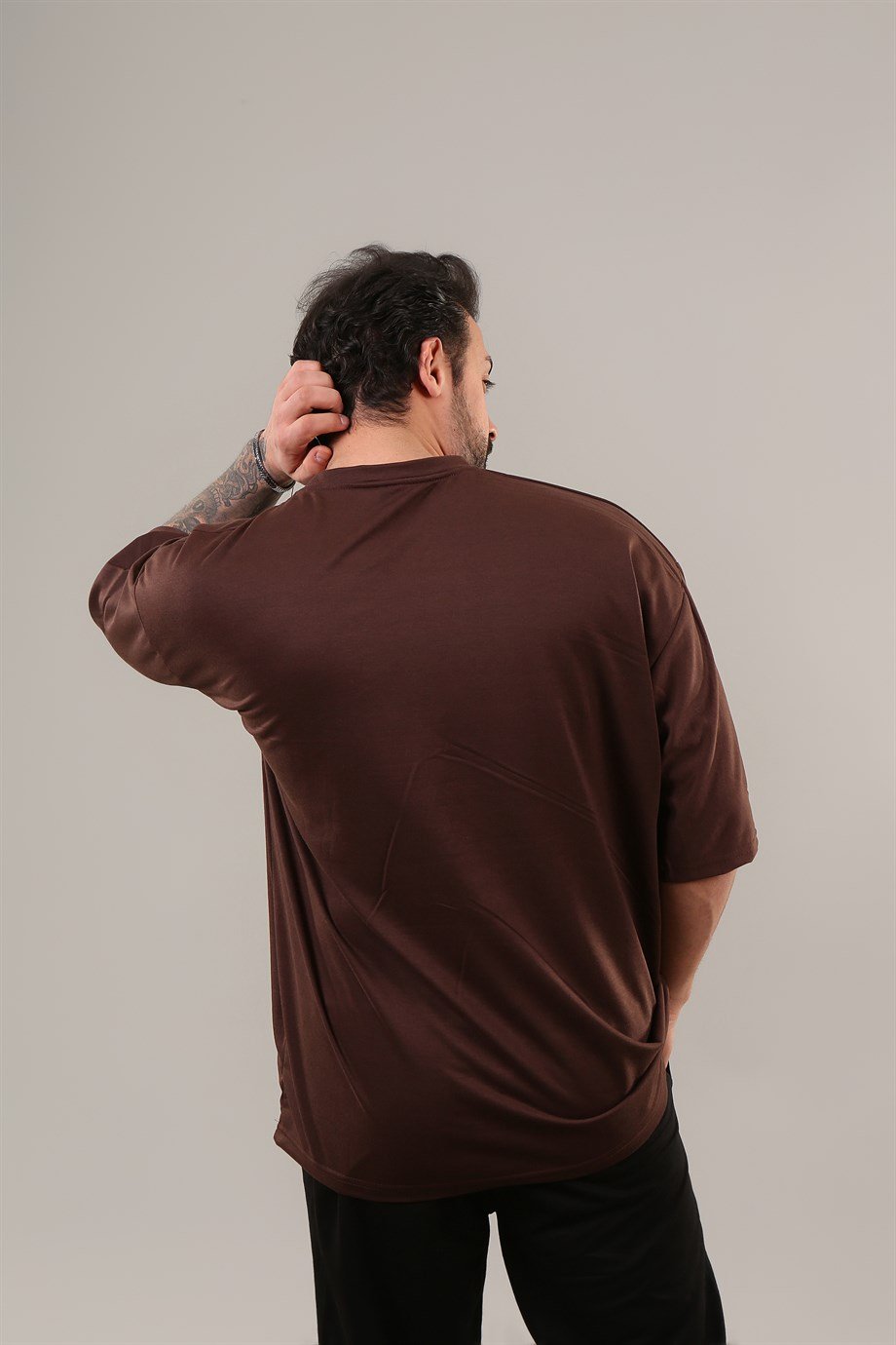 T-SHİRTKahve Double Kalıp 2 İplik Düz Oversize T-shirt SC