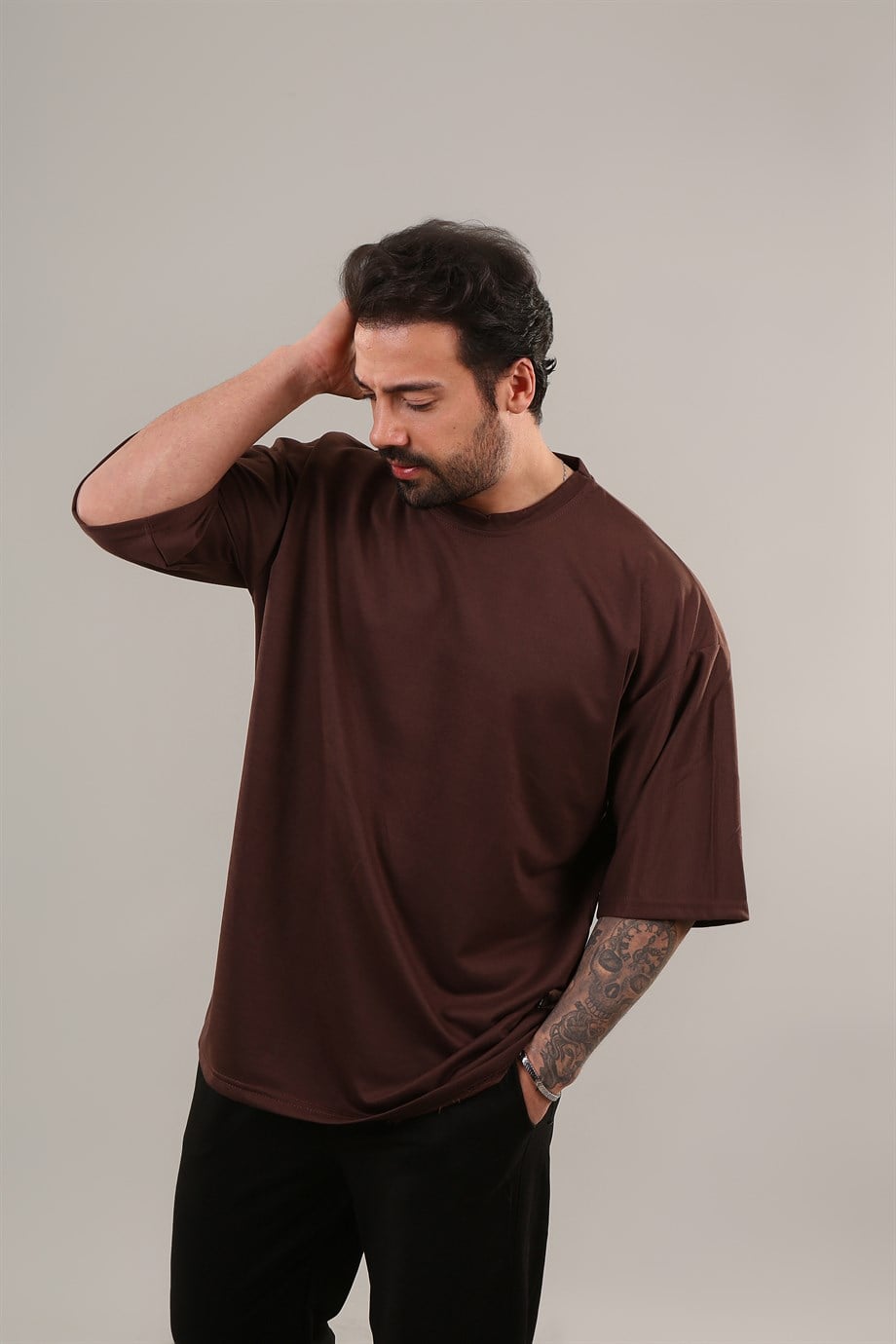 T-SHİRTKahve Double Kalıp 2 İplik Düz Oversize T-shirt SC