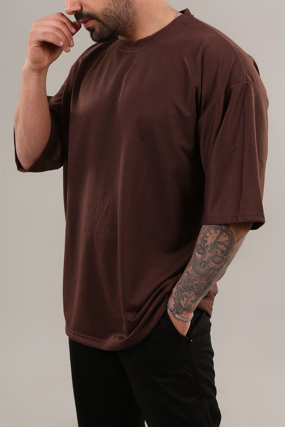 T-SHİRTKahve Double Kalıp 2 İplik Düz Oversize T-shirt SC