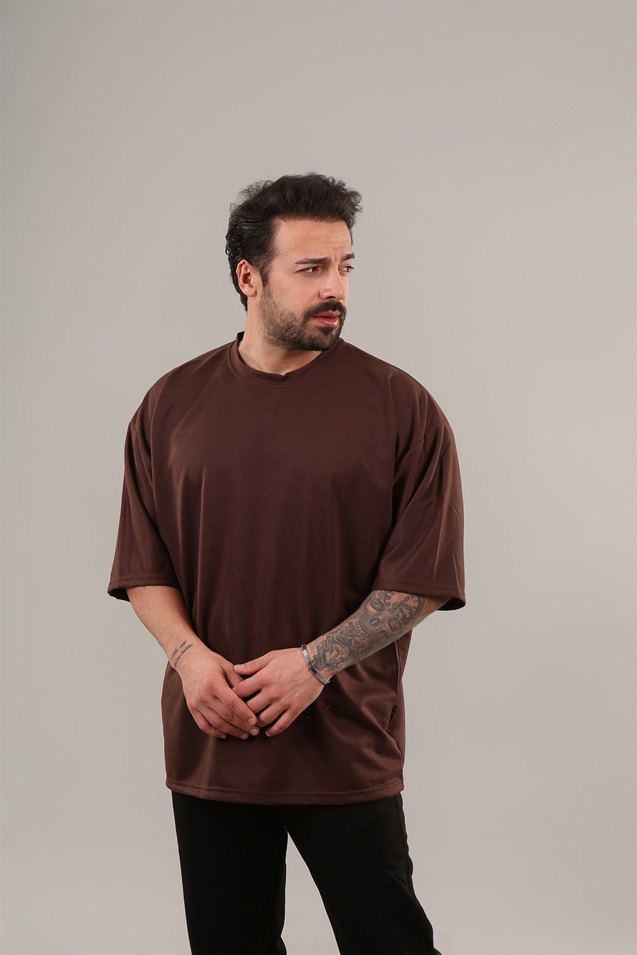 T-SHİRTKahve Double Kalıp 2 İplik Düz Oversize T-shirt SC