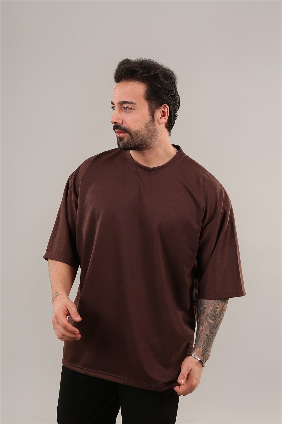 T-SHİRTKahve Double Kalıp 2 İplik Düz Oversize T-shirt SC