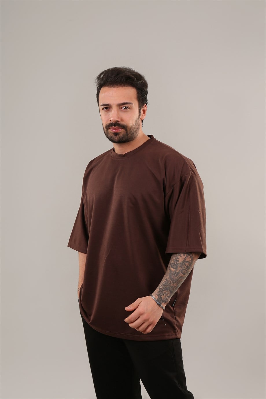 T-SHİRTKahve Double Kalıp 2 İplik Düz Oversize T-shirt SC
