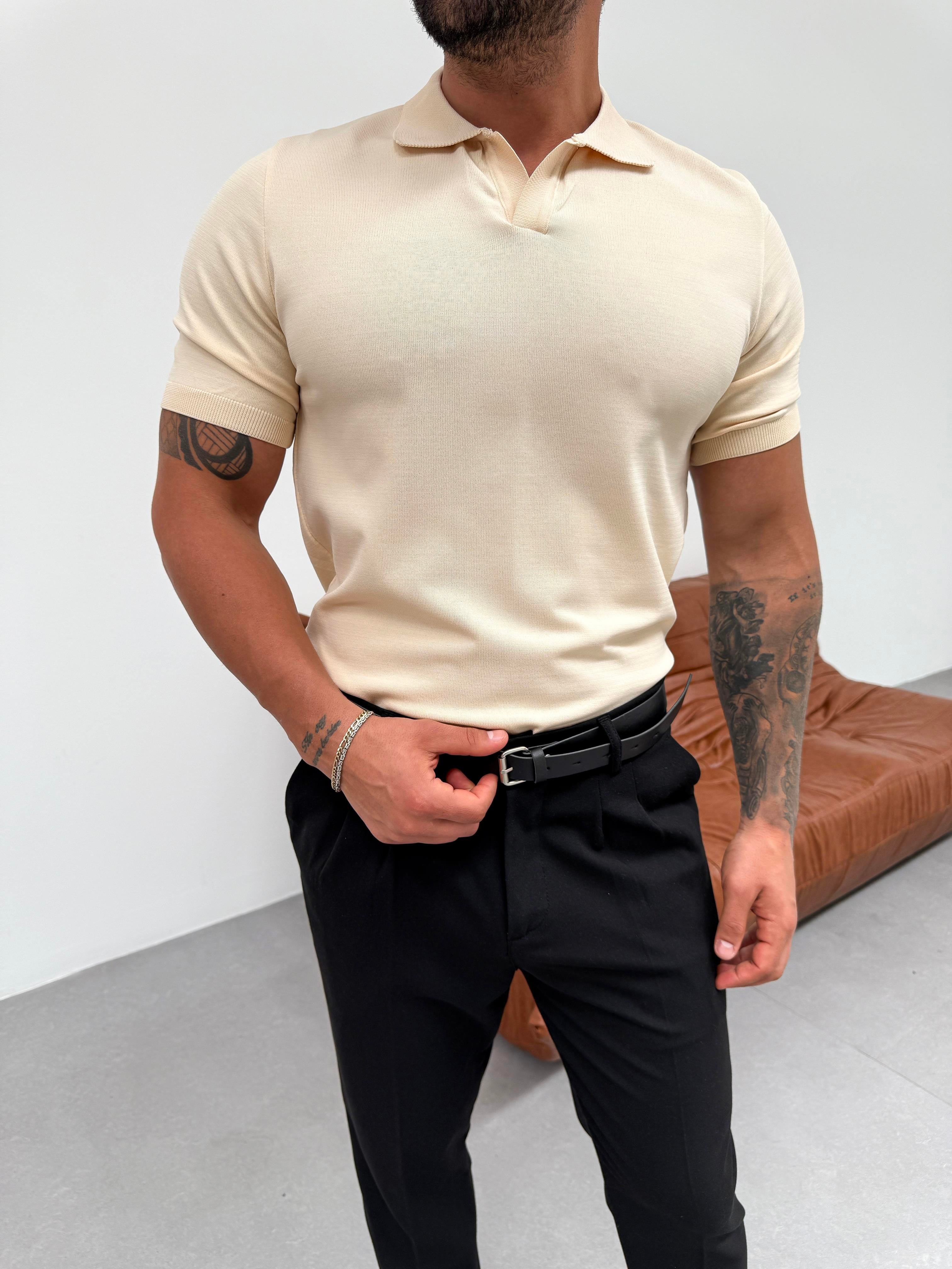 T-SHİRTKrem Düz Polo Yaka Triko Pamuk T-shirt TK