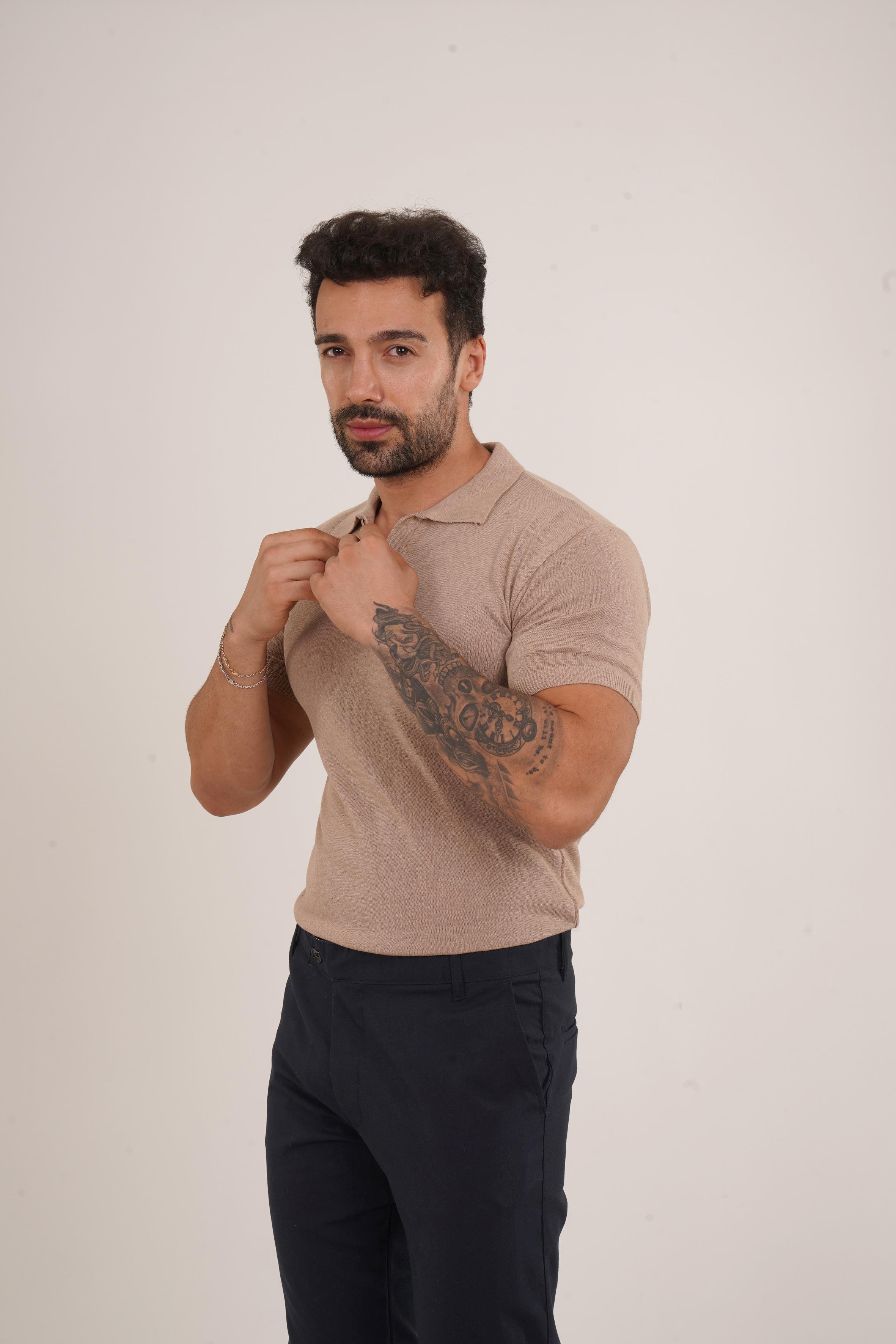 T-SHİRTKrem Düz Polo Yaka Triko SC