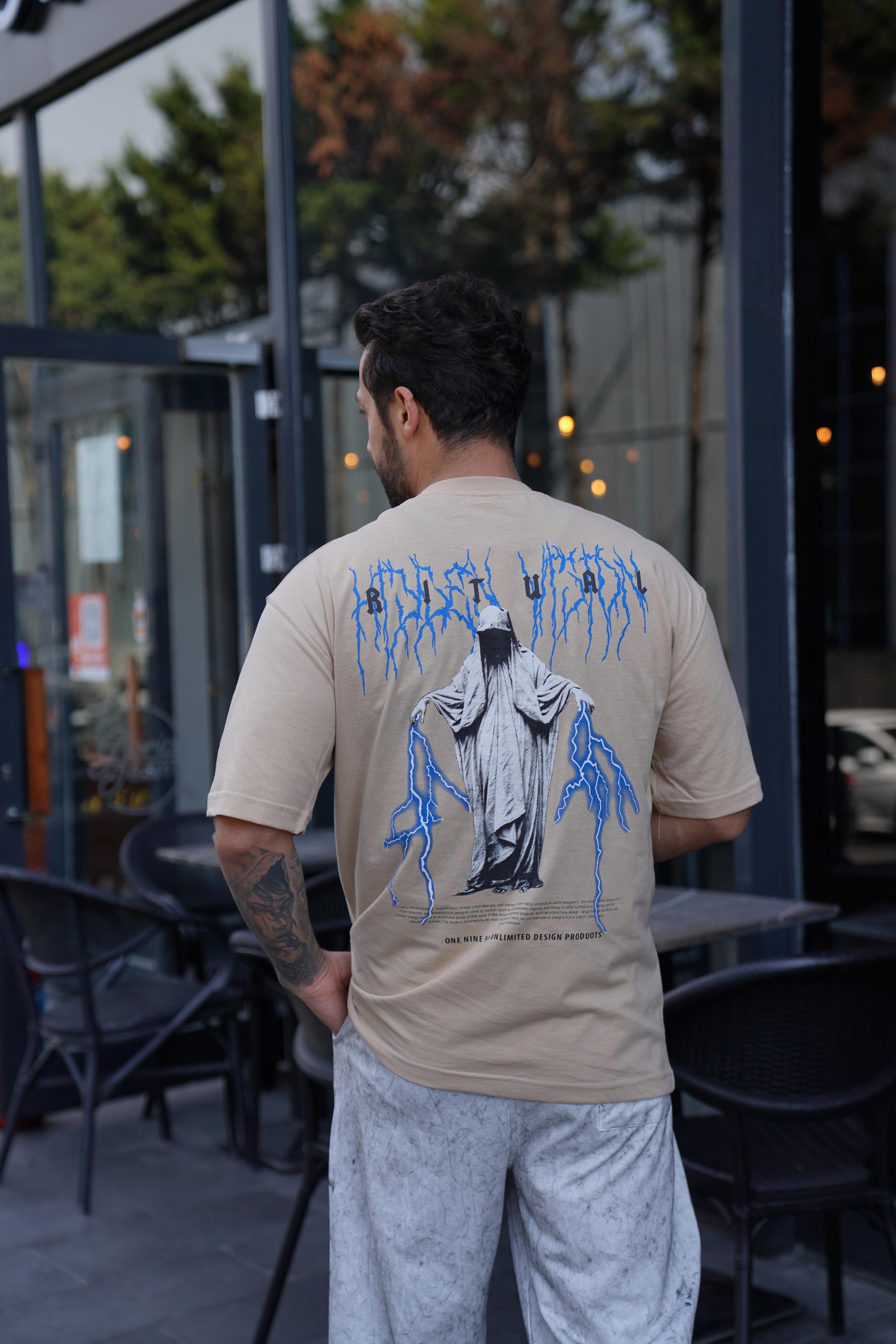 T-SHİRTKrem RİTUAL Baskılı Oversize T-Shirt VSK